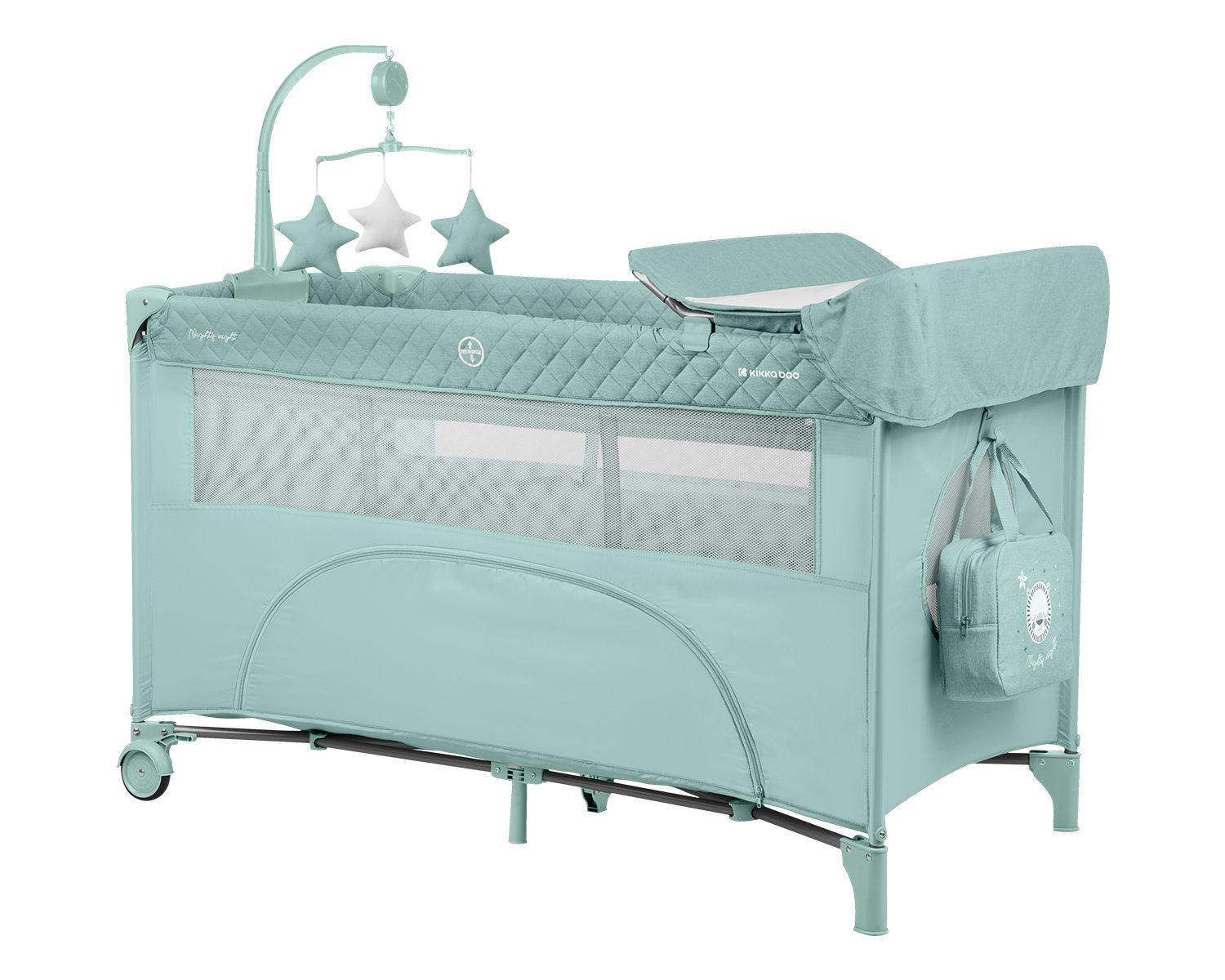 Kikka boo Reisebett Nighty Night, 2 Ebenen, Spielbogen, 2 R&auml;der, Wickelauflage hellgr&uuml;n 