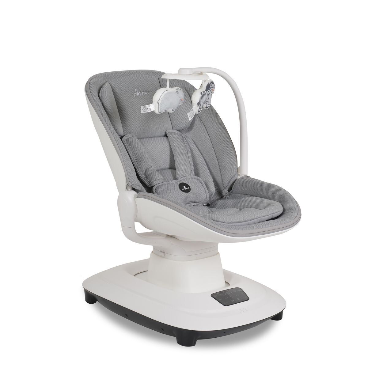Babywippe Hera elektrisch, Musik, Moskitonetz, 360-Grad-Drehung, Timer hellgrau