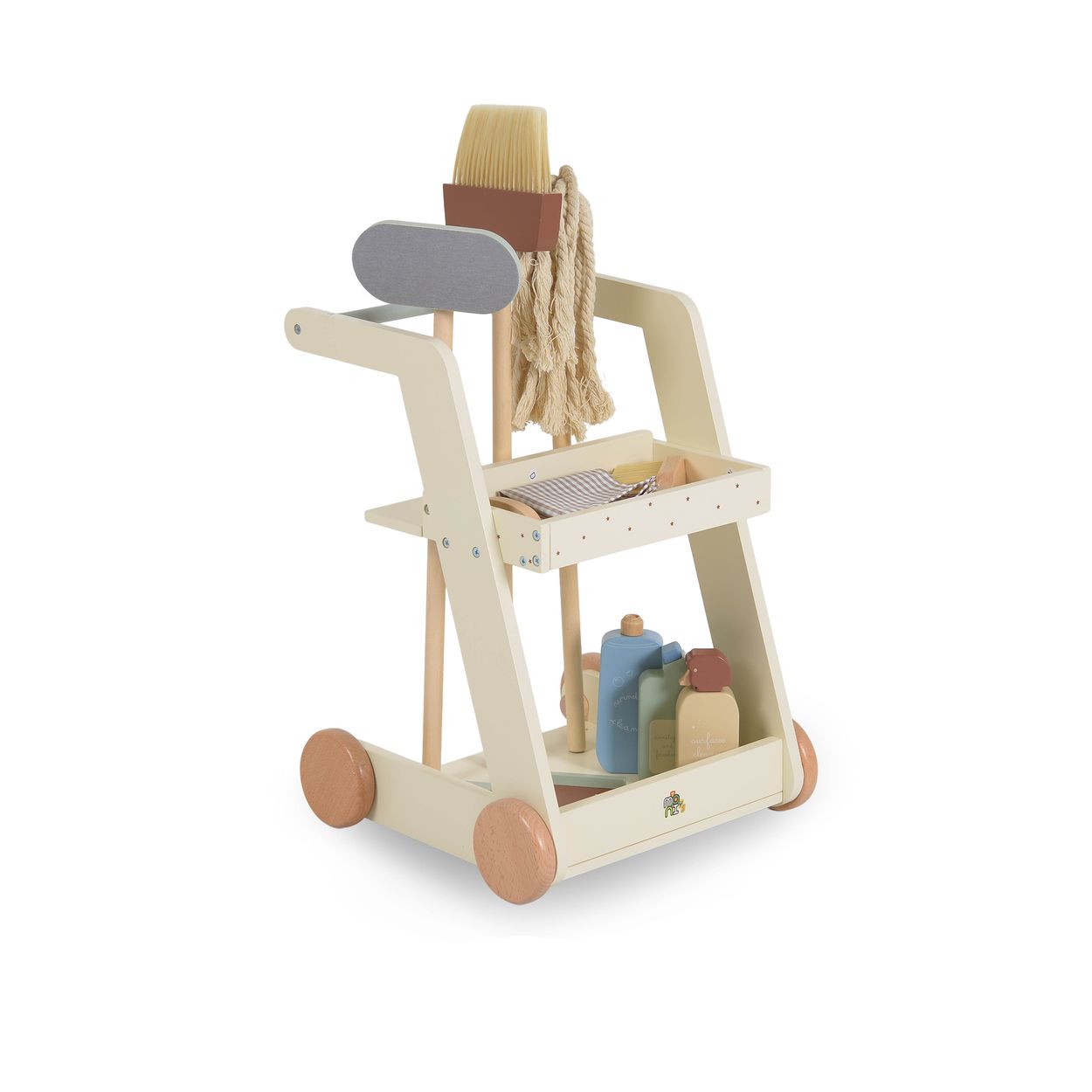 Moni Kinder-Spielzeugputzwagen W10D787 Holz Besen Mopp Schwamm B&uuml;rste mit R&auml;der beige 