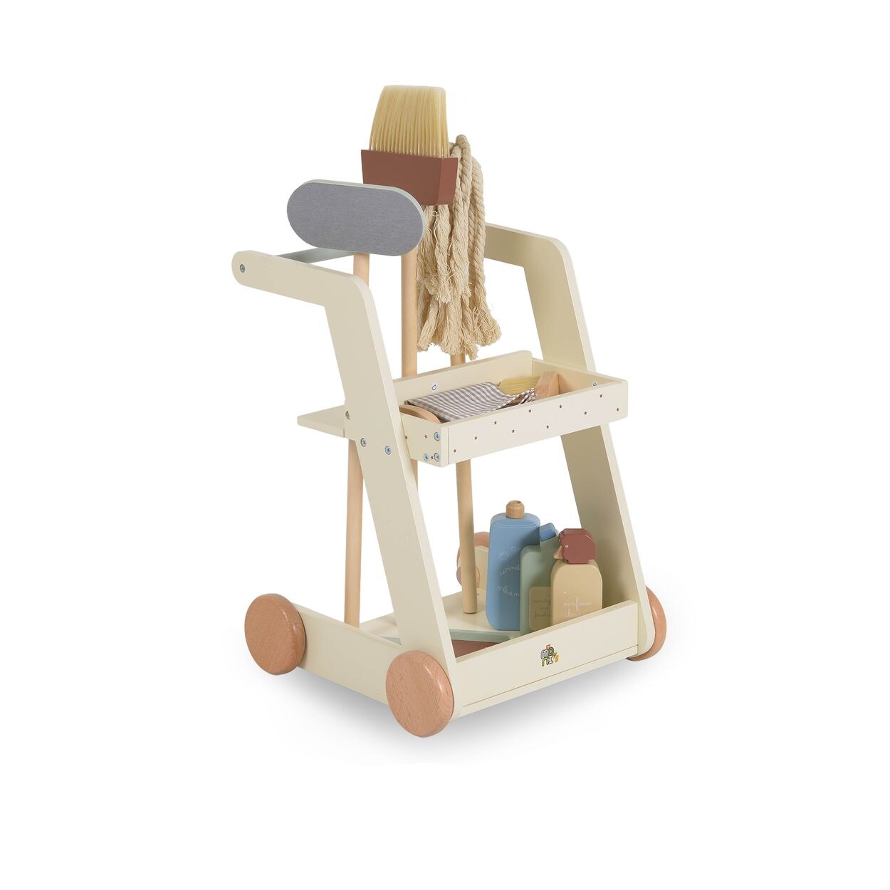 Kinder-Spielzeugputzwagen W10D787 Holz Besen Mopp Schwamm Bürste mit Räder beige