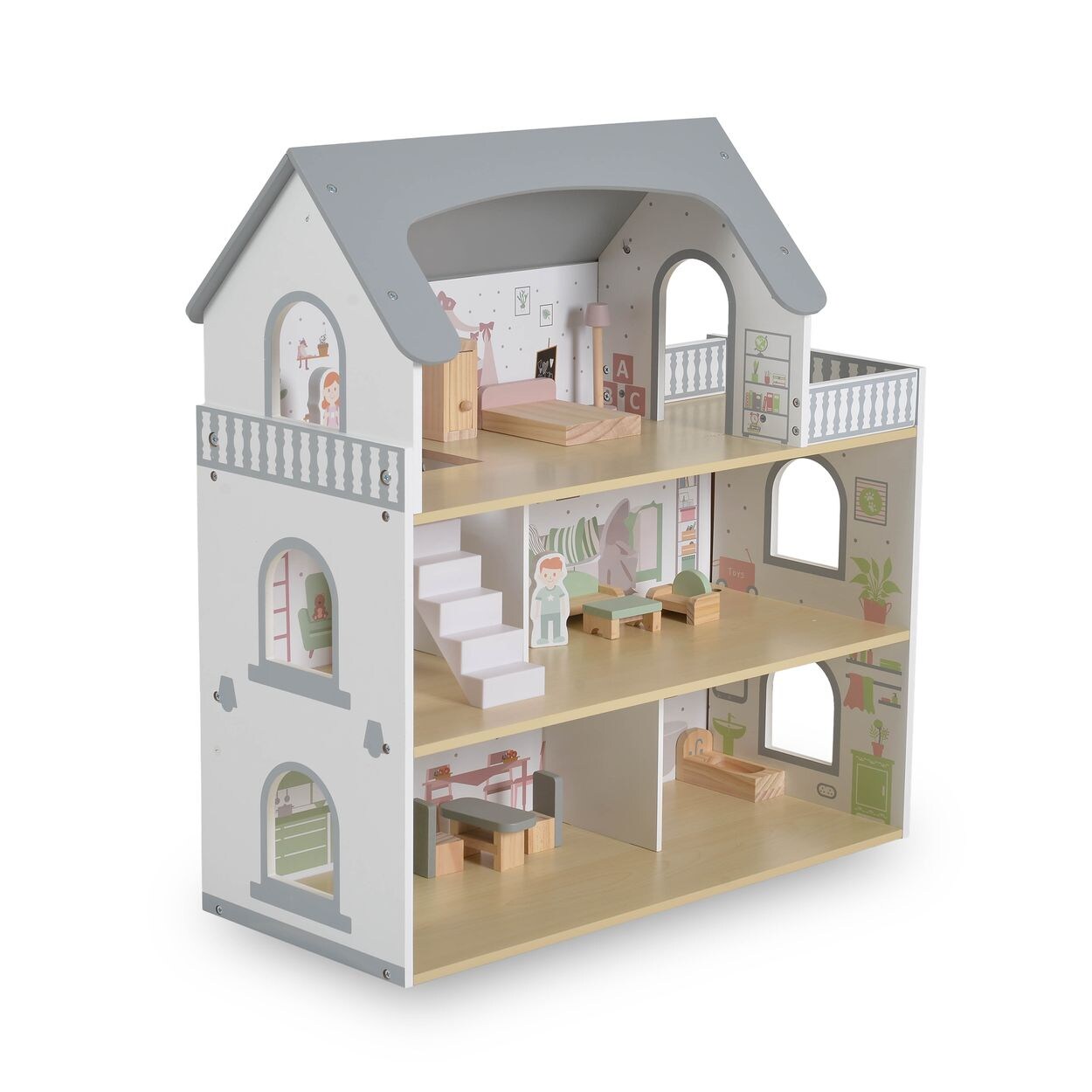 Puppenhaus Ema Holz 3 Etagen Puppenfiguren 11-teiliges Möbelset Balkon weiß