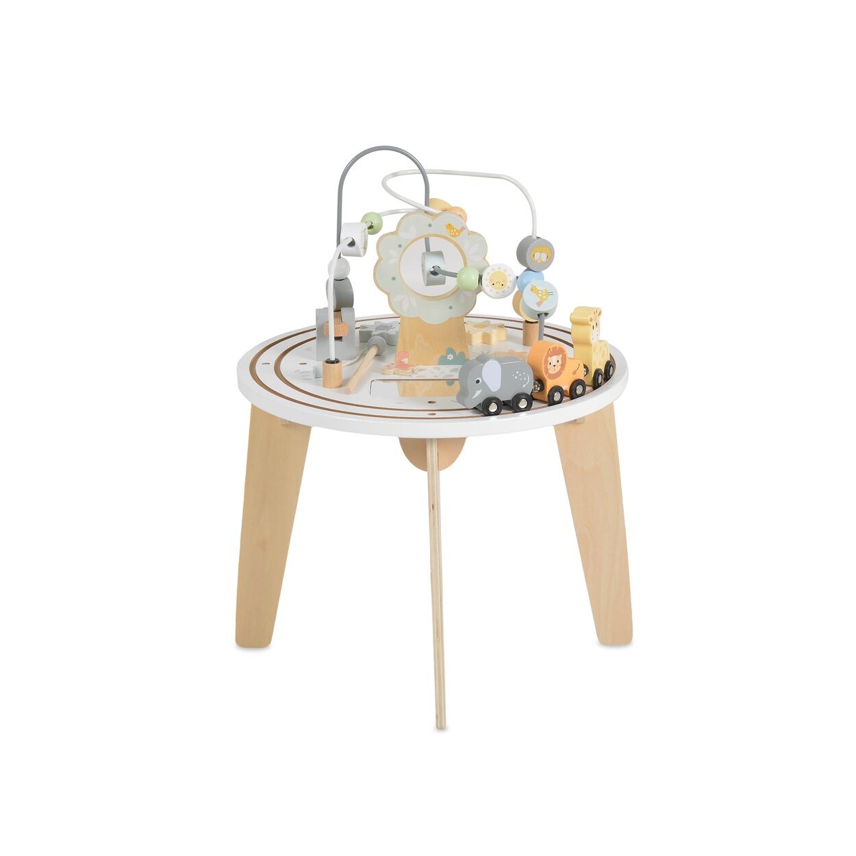 Moni Kinderspieltisch Holz W12D626 Eisenbahn, Tiere, Perlenlabyrinth, Spiegel weiß