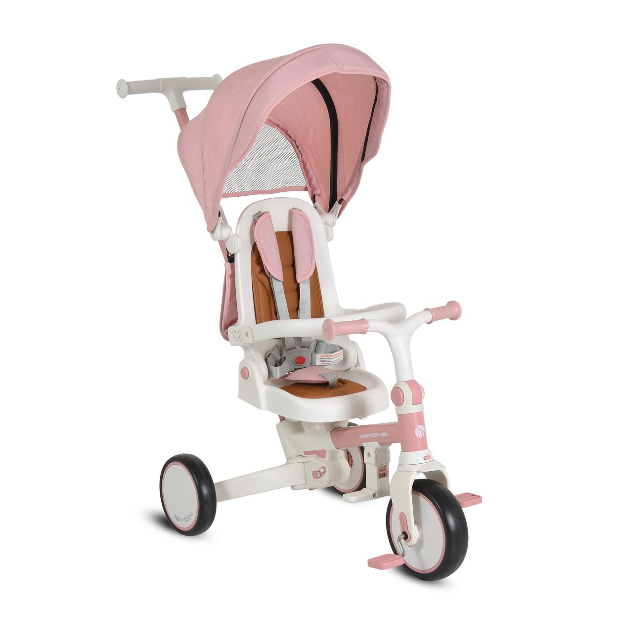 Byox Dreirad, Tricycle Compacto 4 in 1 Schiebegriff klappbar Gurt umbaubar EVA rosa 