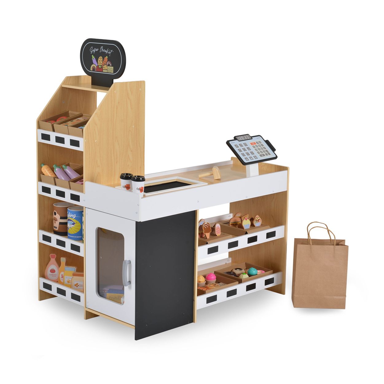 Moni Spielkaufladen W10A214 Holz Kasse Lebensmittel Geld Regale Einkaufstaschen wei&szlig; 