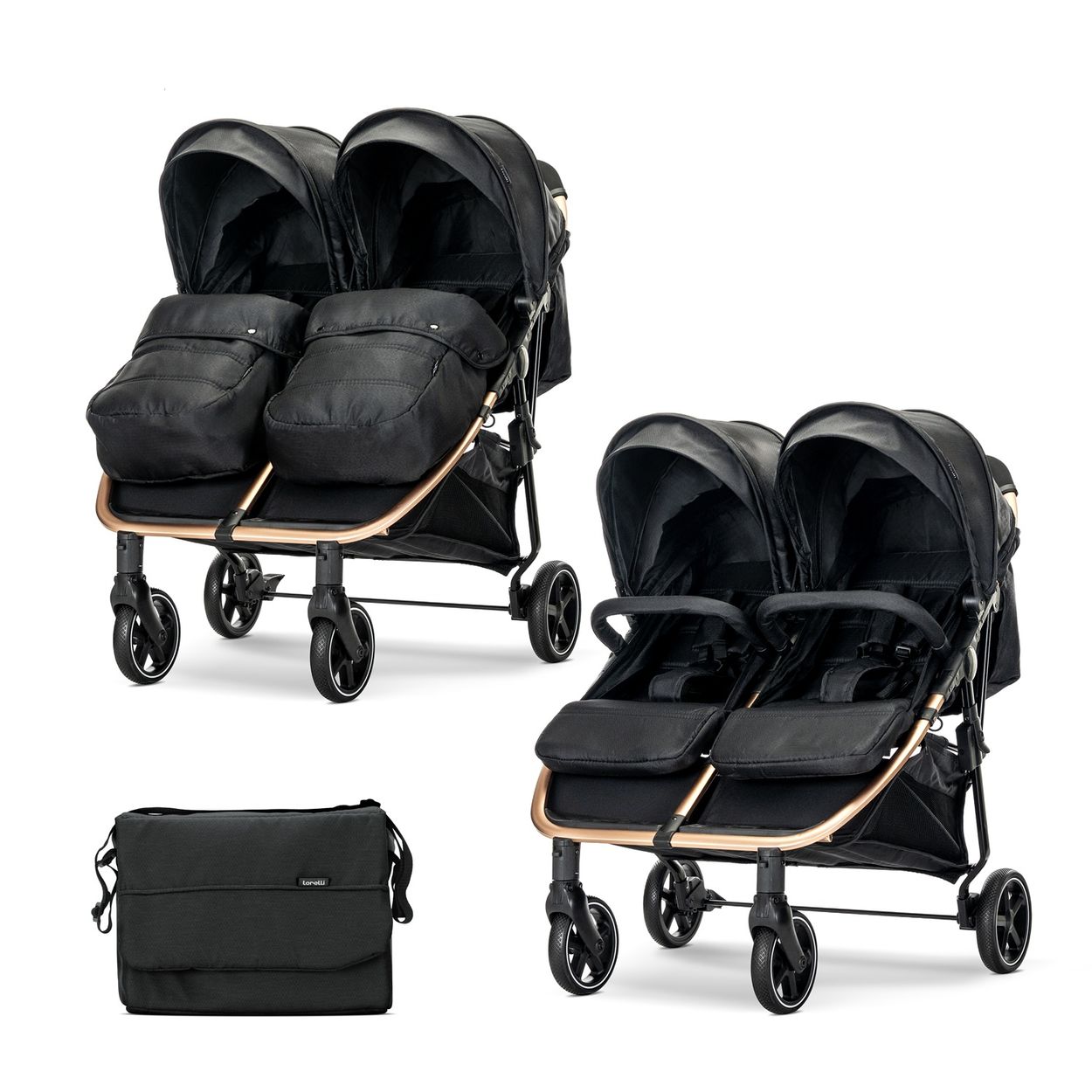Lorelli Zwillingskinderwagen Duo klappbar verstellbar Fu&szlig;abdeckung Wickeltasche schwarz gold 
