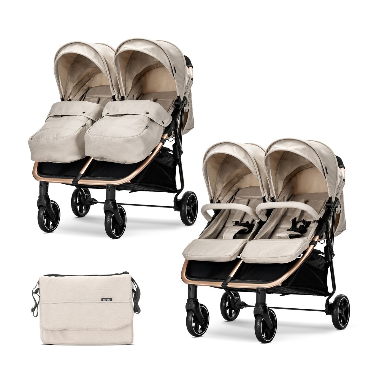 Lorelli Zwillingskinderwagen Duo klappbar verstellbar Fu&szlig;abdeckung Wickeltasche creme 