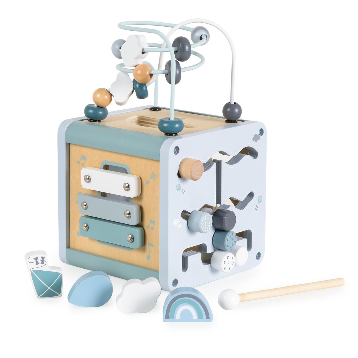 Moni Aktivit&auml;tsw&uuml;rfel Holz W11B316, Sortierspiel, Xylophon, Labyrinth, Motorik blau 