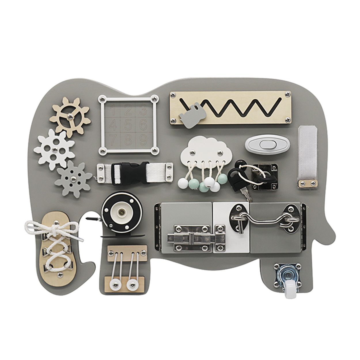 Moni Lernboard Elefant W12D558 Holz Zahnr&auml;der Schl&ouml;sser Schn&uuml;rsenkel Verschluss grau 