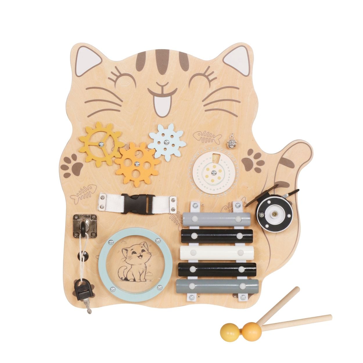 Moni Lernboard Katze W12D664 Holz, Xylofon, Zahnr&auml;der, Schl&ouml;sser, Verschl&uuml;sse braun 