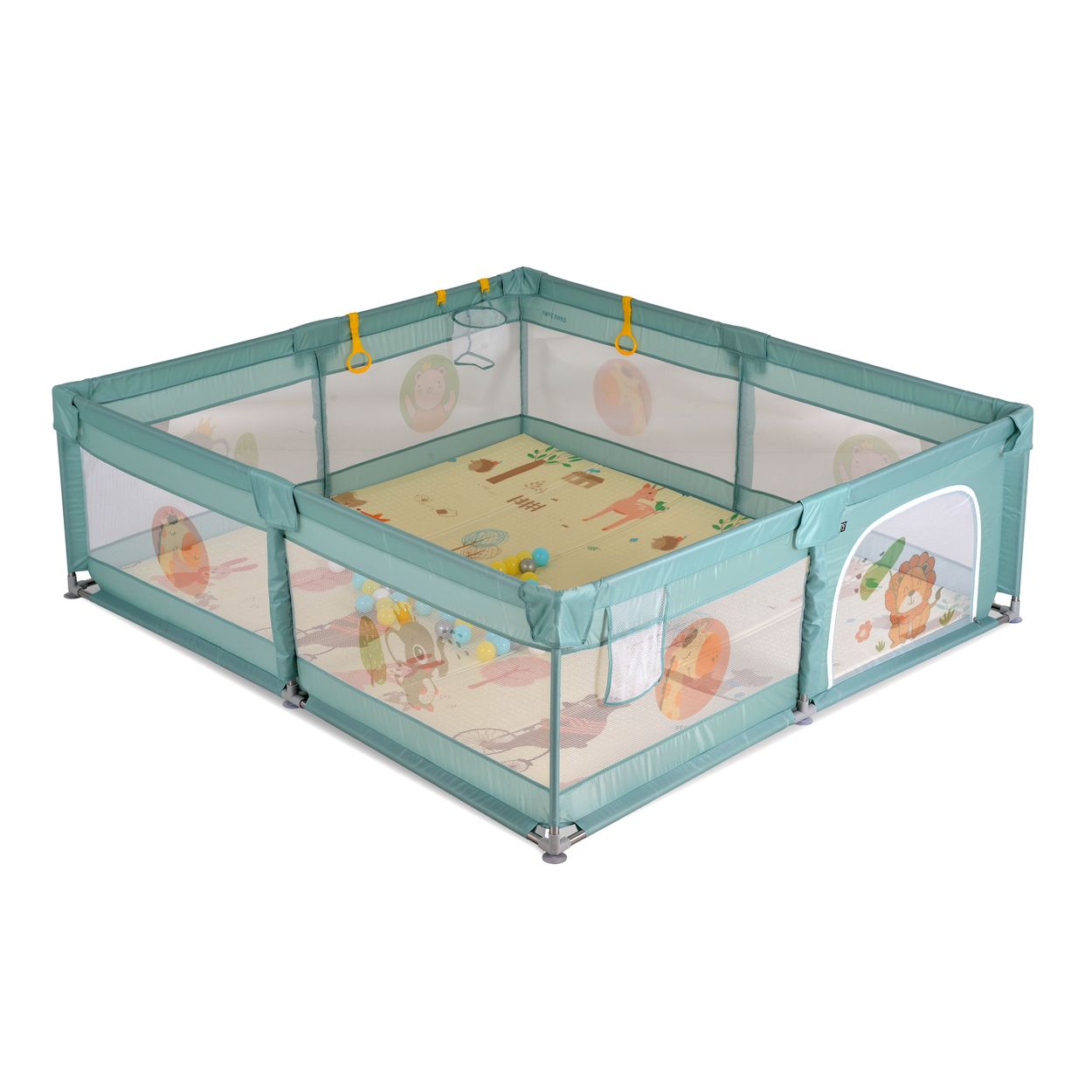 Moni Laufstall GameZone 180 x 200 cm klappbar B&auml;llebad Basketballkorb Spielmatte gr&uuml;n 