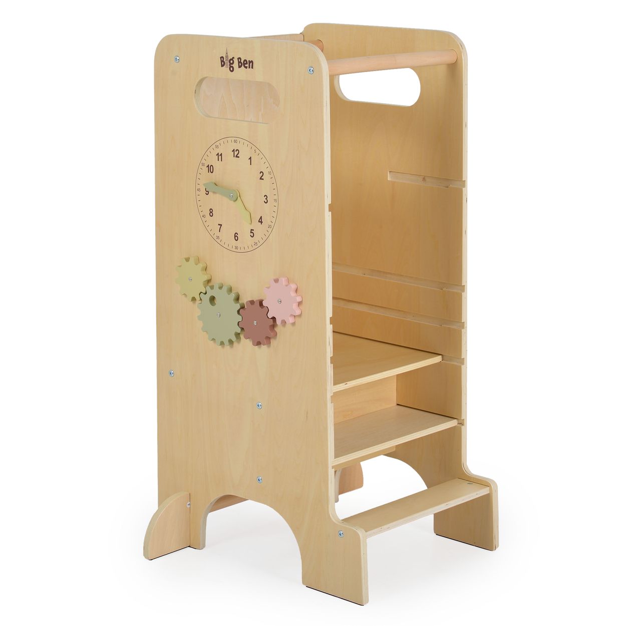 Moni Kinder Lernturm 4 in 1 Big Ben Rutsche Tafel Hochstuhl Uhranzeige Motorik braun 