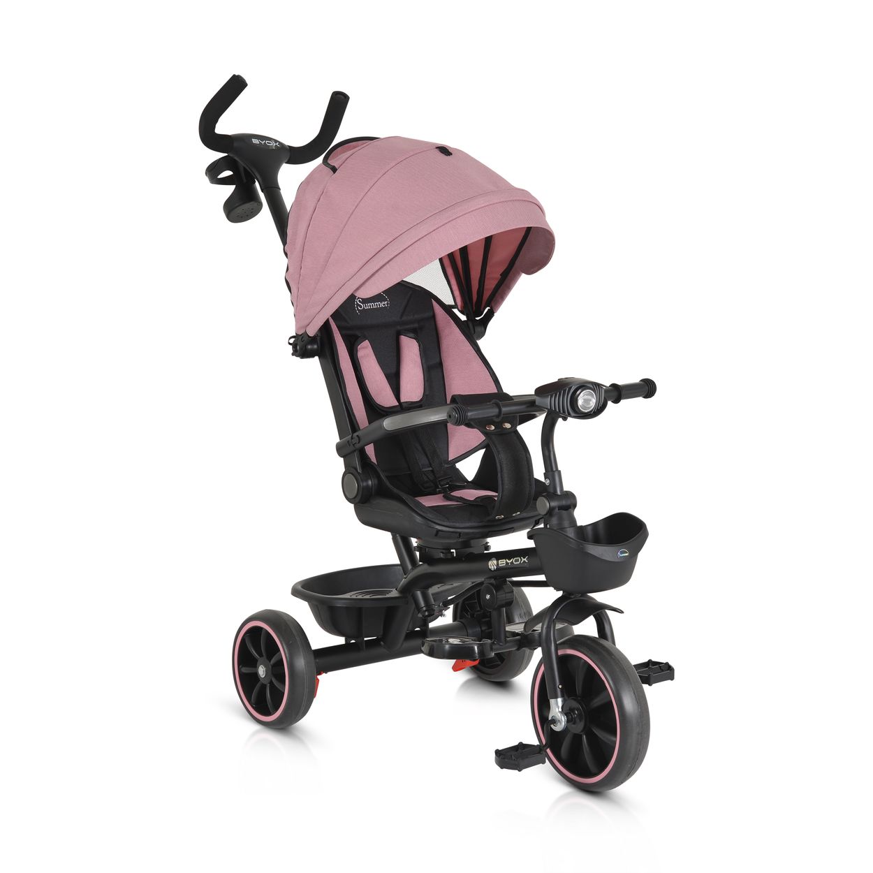 Byox Dreirad, Tricycle Summer, Fu&szlig;st&uuml;tze klappbar, Musik, Becherhalter, K&ouml;rbe rosa 