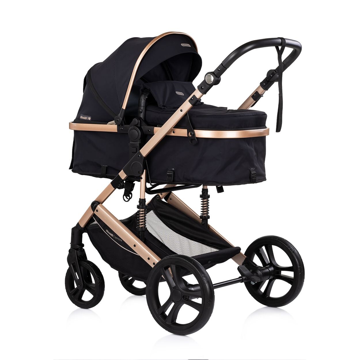 Kinderwagen 2 in 1 Amore Getränkehalter Wickeltasche Fußabdeckung Korb black
