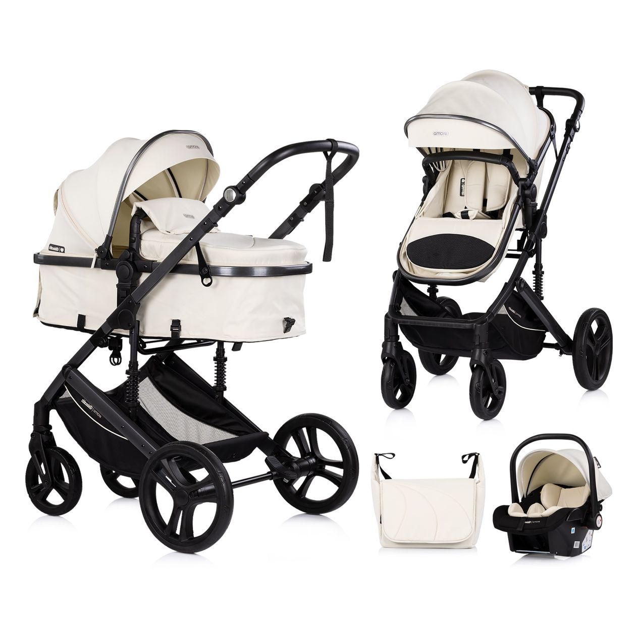 Chipolino Kinderwagen 3 in 1 Amore Babyschale Adapter Wickeltasche Fu&szlig;abdeckung beige-schwarz 