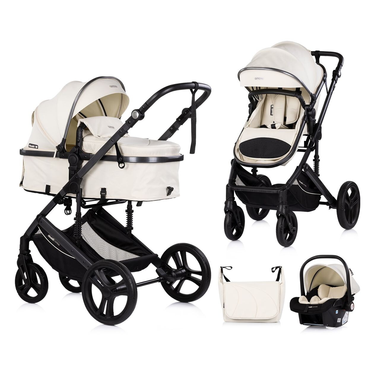 Kinderwagen 3 in 1 Amore Babyschale Adapter Wickeltasche Fußabdeckung beige-schwarz