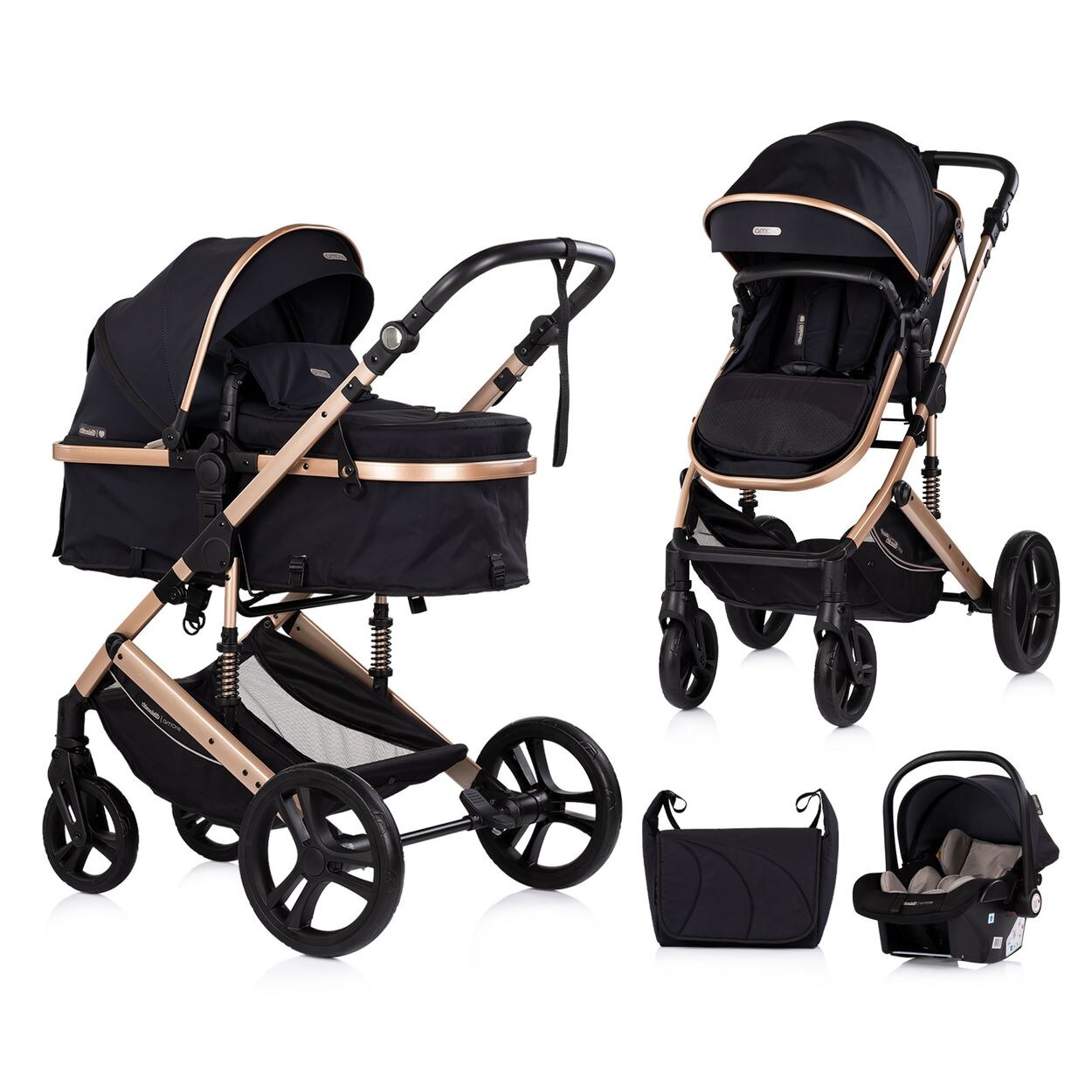 Kinderwagen 3 in 1 Amore Babyschale Adapter Wickeltasche Fußabdeckung black