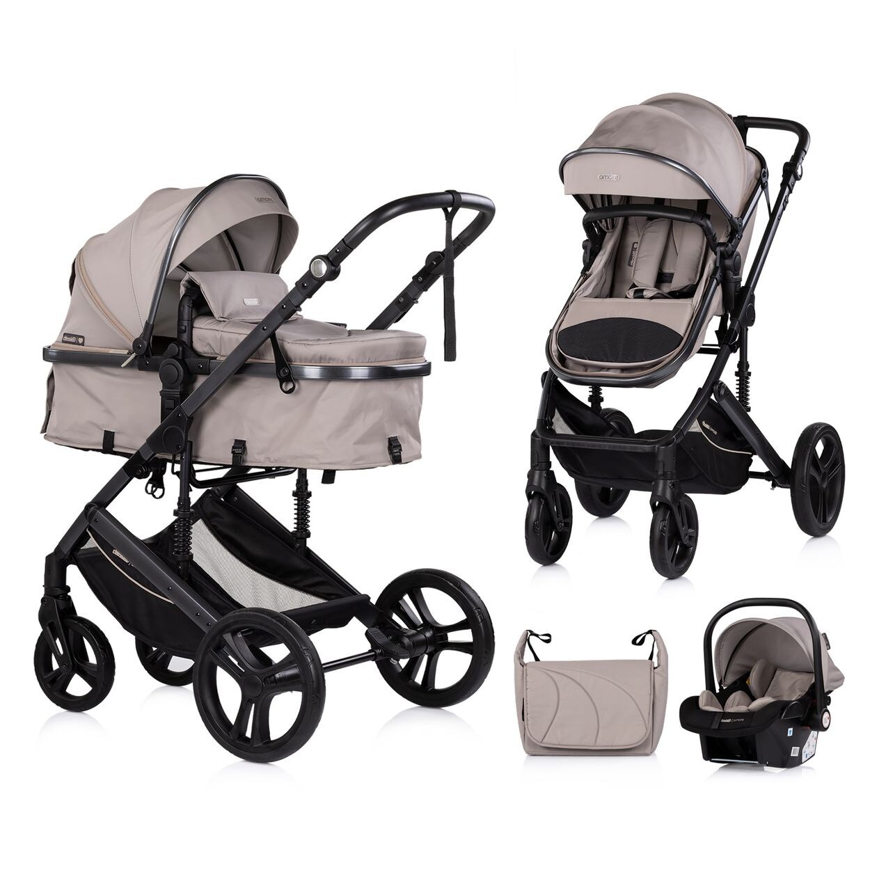 Kinderwagen 3 in 1 Amore Babyschale Adapter Wickeltasche Fußabdeckung braun