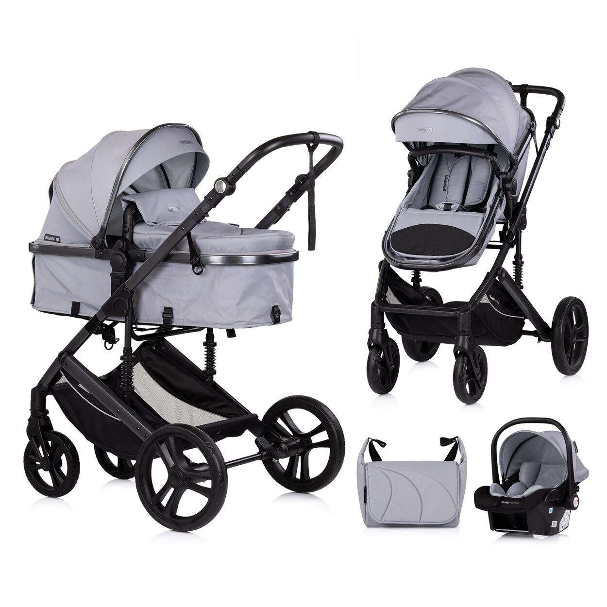Kinderwagen 3 in 1 Amore Babyschale Adapter Wickeltasche Fußabdeckung hellgrau