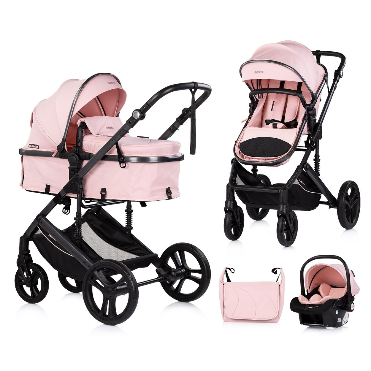 Kinderwagen 3 in 1 Amore Babyschale Adapter Wickeltasche Fußabdeckung rosa pink
