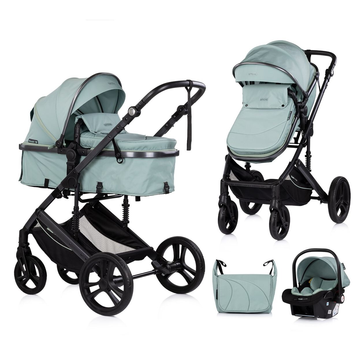 Kinderwagen 3 in 1 Amore Babyschale Adapter Wickeltasche Fußabdeckung türkis