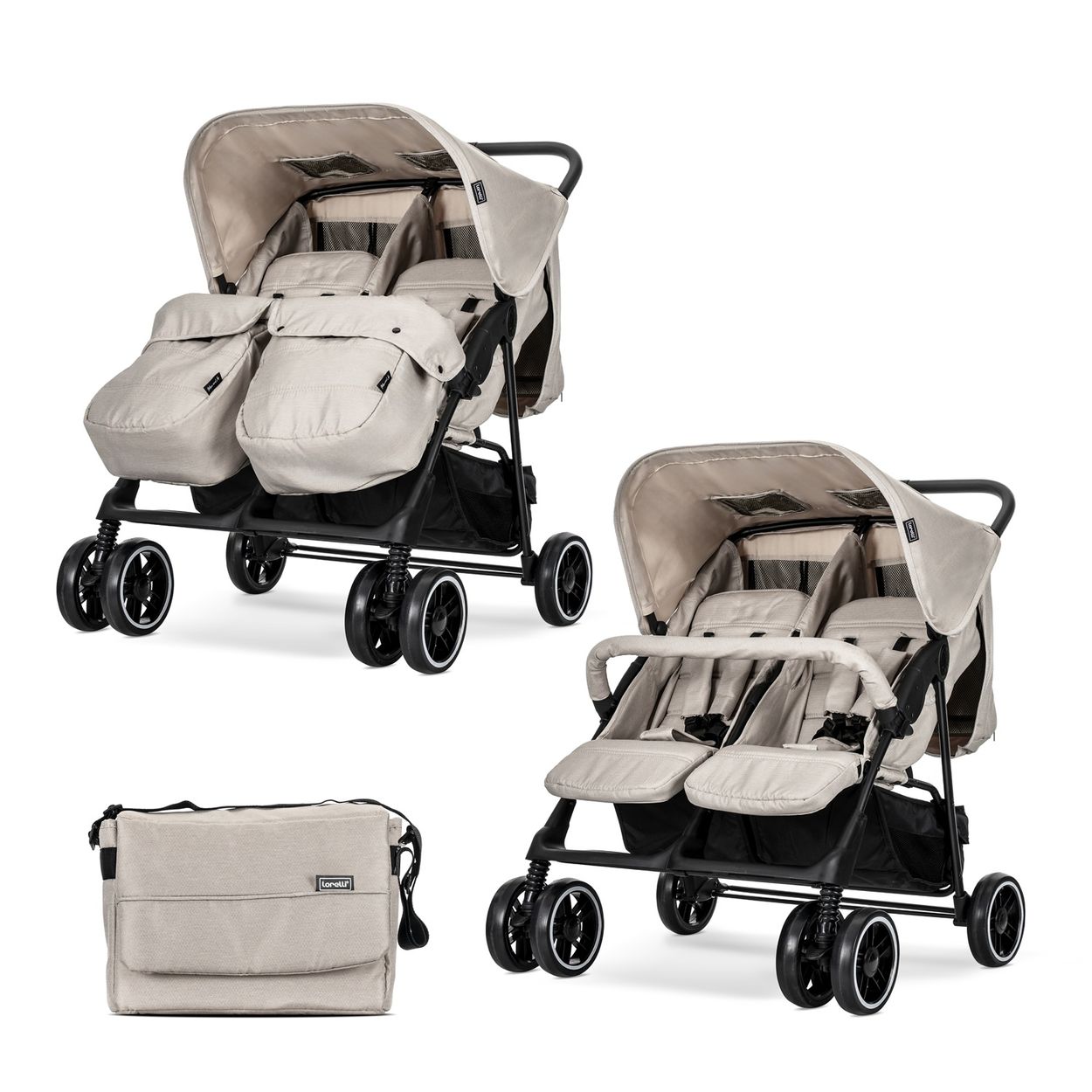 Lorelli Zwillingskinderwagen TWIN Wickeltasche Einhand-Klappsystem Fu&szlig;abdeckung beige schwarz 