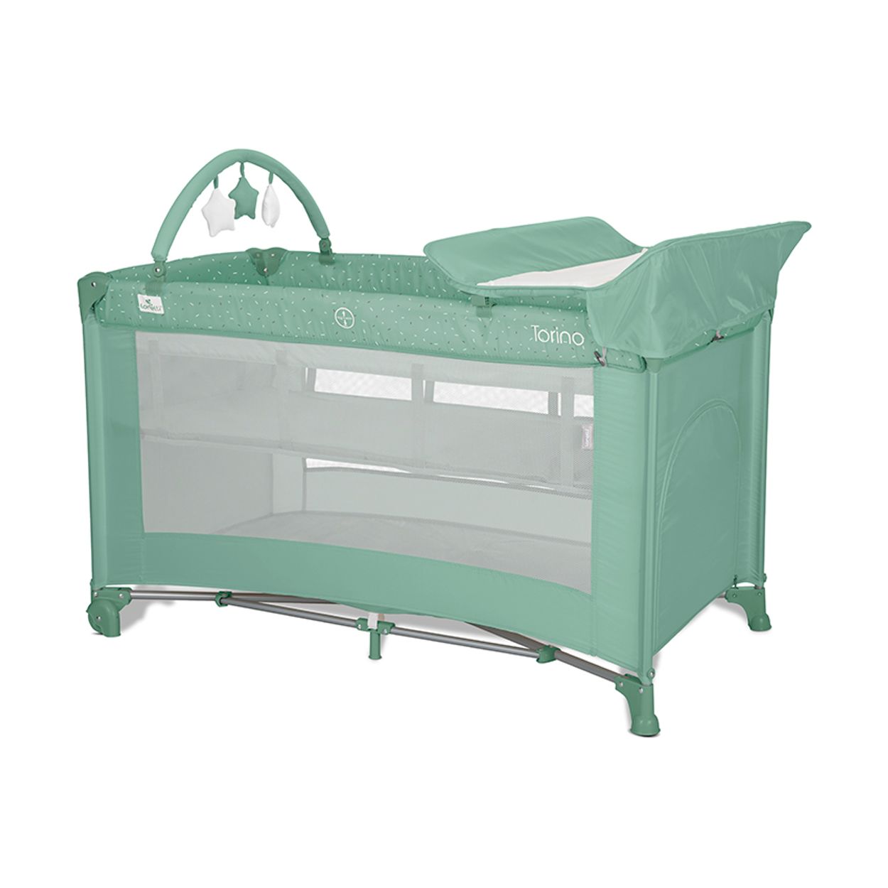 Lorelli Reisebett Torino plus 2 Ebenen Wickelauflage Spielbogen R&auml;der faltbar hellgr&uuml;n 