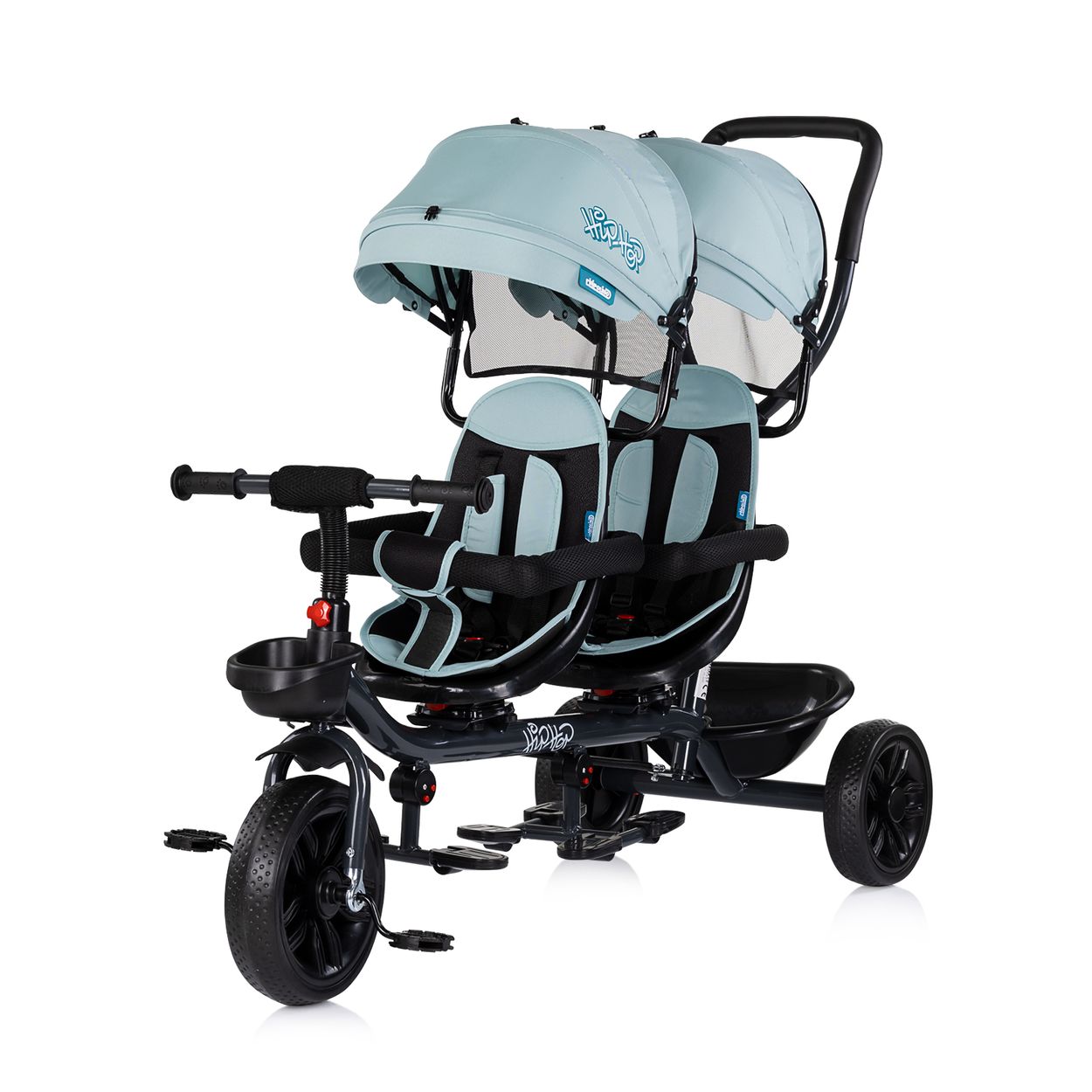 Babyshoppen Geschwisterdreirad Hip Hop, Schiebegriff, Sitze 360&deg; drehbar, Gurte hellblau 