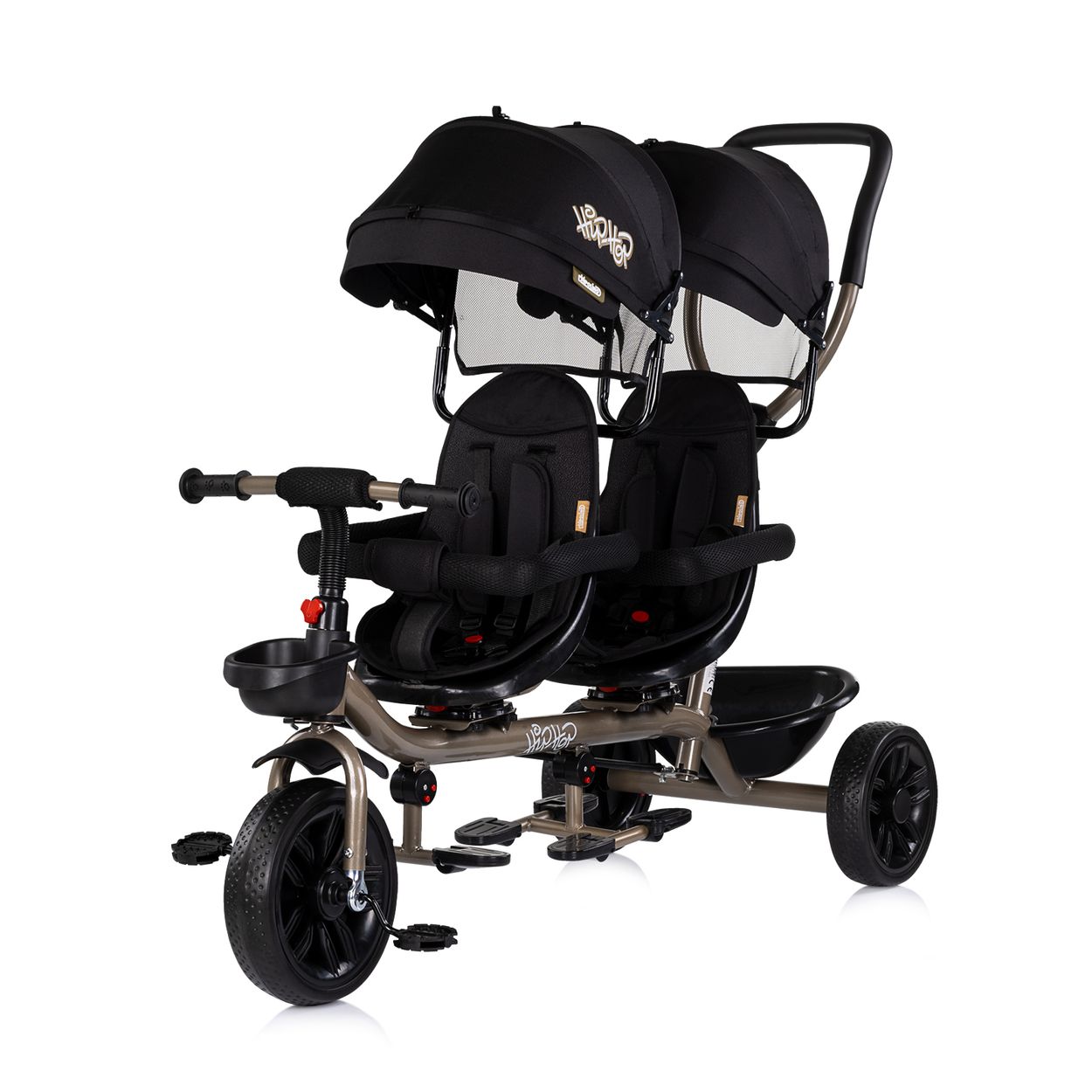 Babyshoppen Geschwisterdreirad Hip Hop, Schiebegriff, Sitze 360&deg; drehbar, Gurte black 
