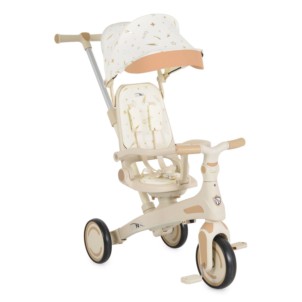 Byox Dreirad, Tricycle Juno 4 in 1 Laufrad Schiebegriff Sitzdrehung Sonnendach wei&szlig; beige 