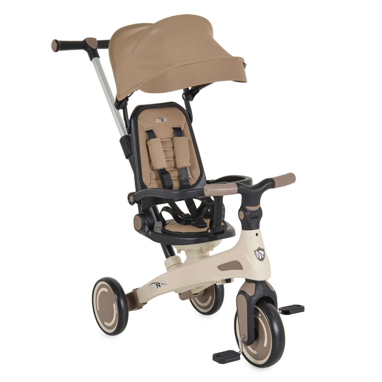Byox Dreirad, Tricycle Juno 4 in 1 Laufrad Schiebegriff Sitzdrehung Sonnendach beige 