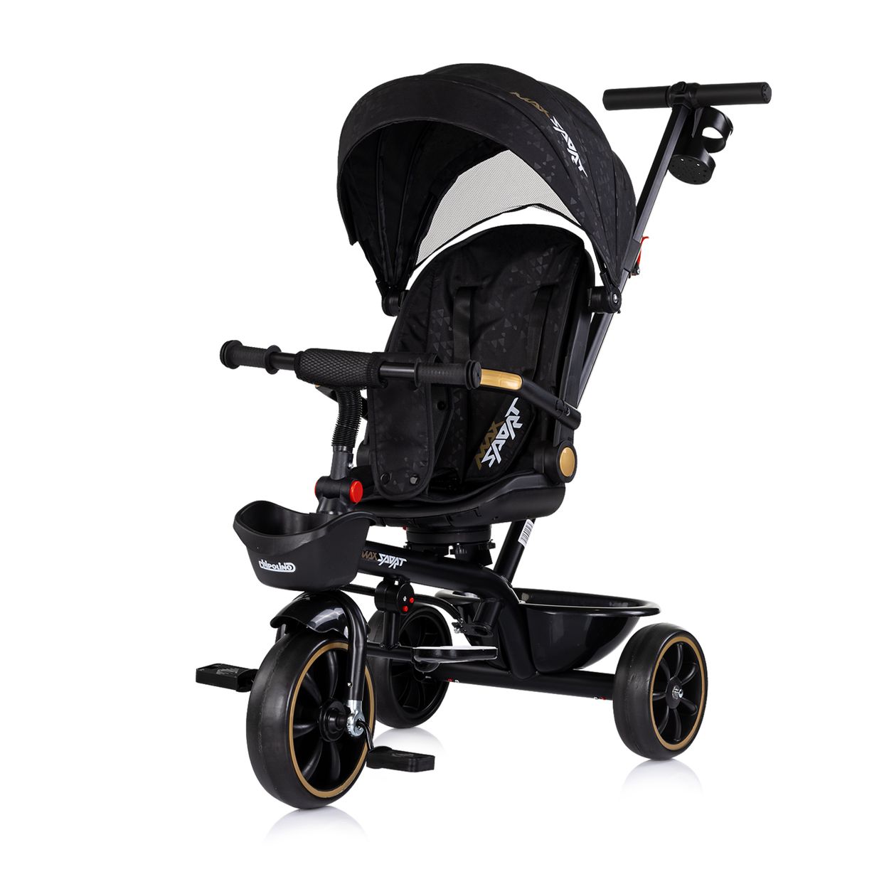Chipolino Tricycle Max Sport 2 in 1, Dreirad, Becherhalter, Sitz umkehrbar, Korb schwarz gemustert 