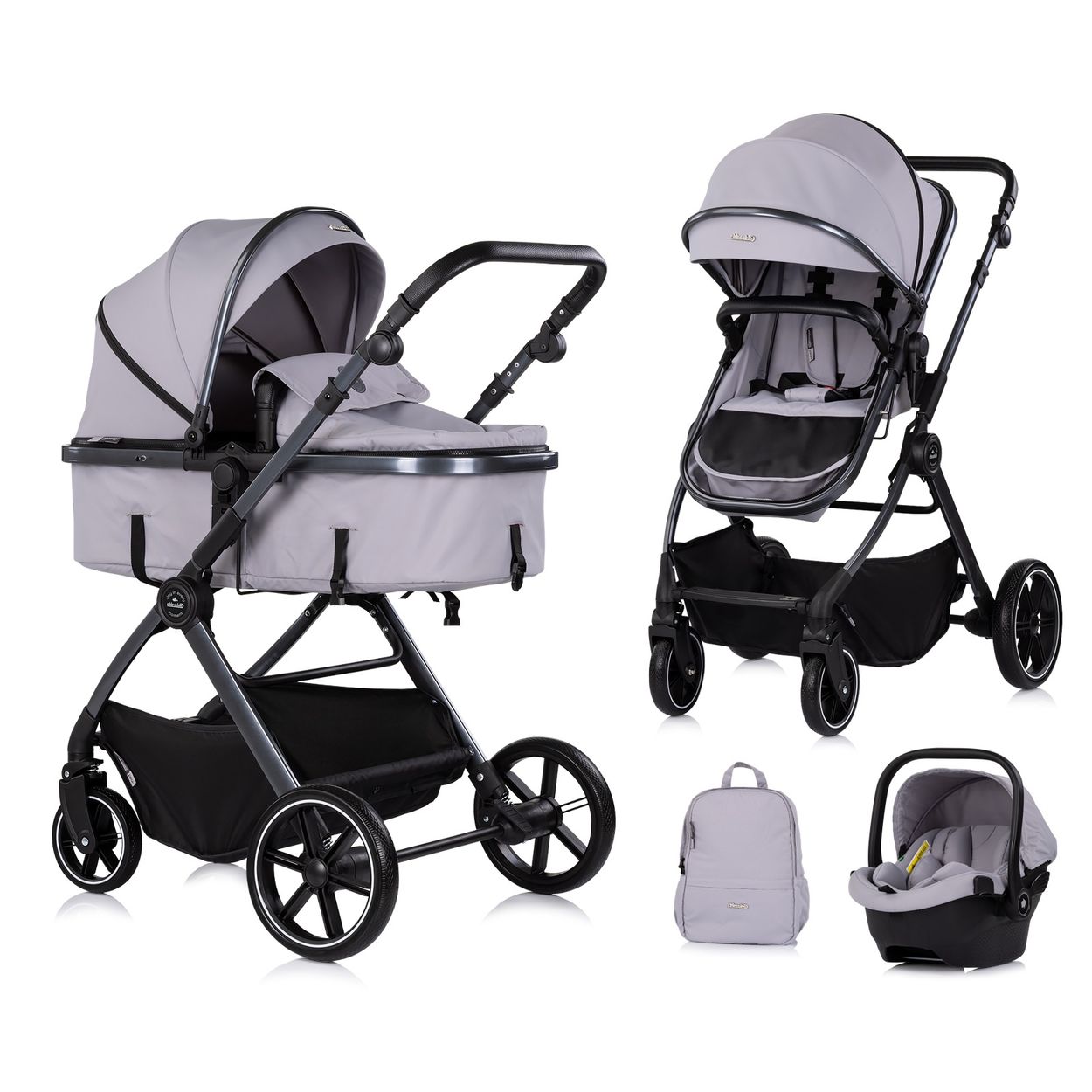 Chipolino Kombikinderwagen Pearl 3 in 1 umbaubar Babyschale Wickeltasche Fu&szlig;sack grau 