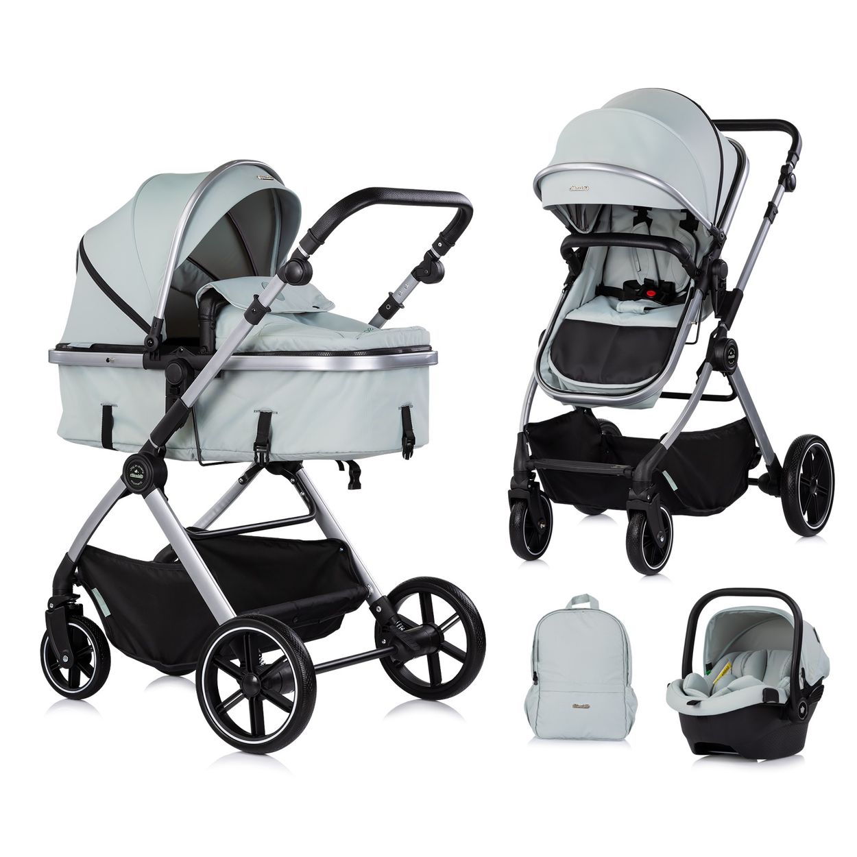 Chipolino Kombikinderwagen Pearl 3 in 1 umbaubar Babyschale Wickeltasche Fu&szlig;sack gr&uuml;n 