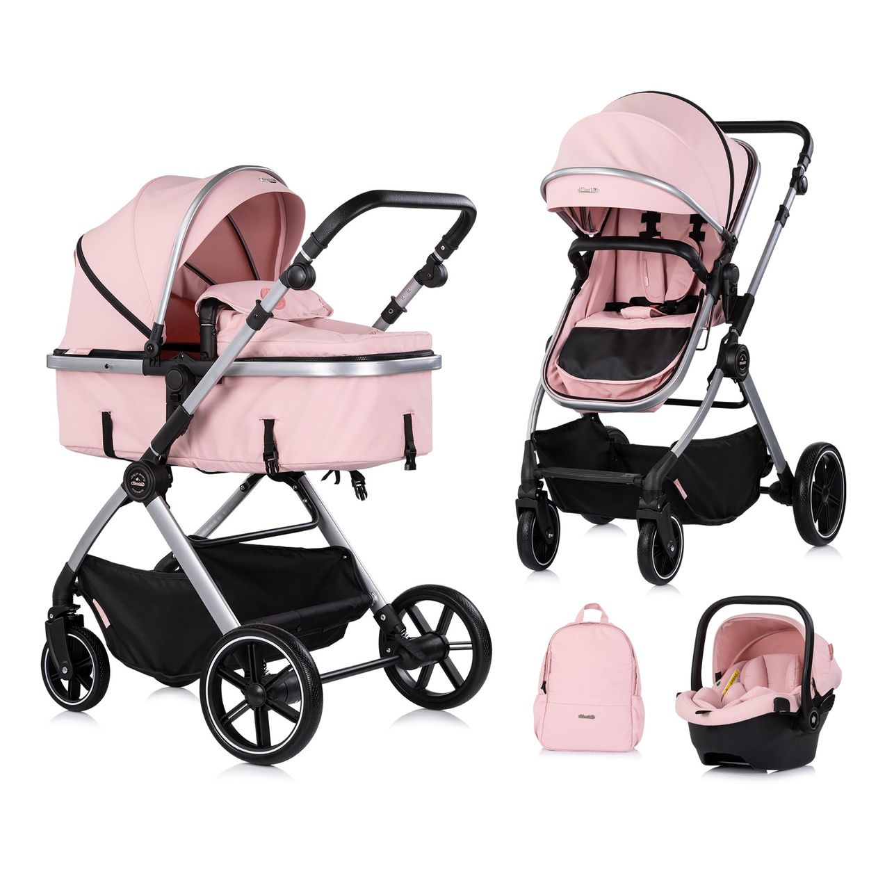 Chipolino Kombikinderwagen Pearl 3 in 1 umbaubar Babyschale Wickeltasche Fu&szlig;sack rosa 