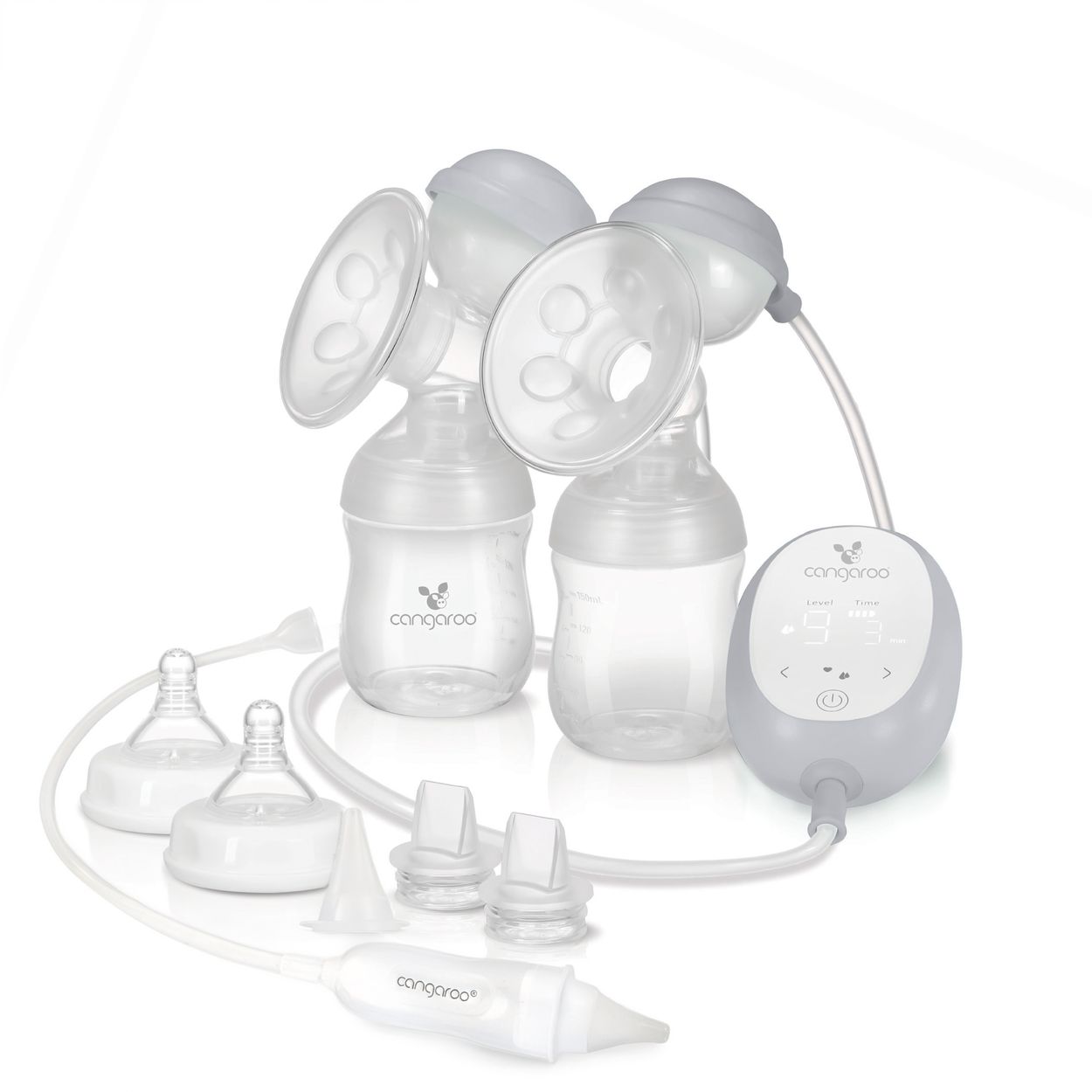 Cangaroo elektrische Doppelmilchpumpe 2 in 1 Grace XN-D254 Nasensauger Flaschen grau 