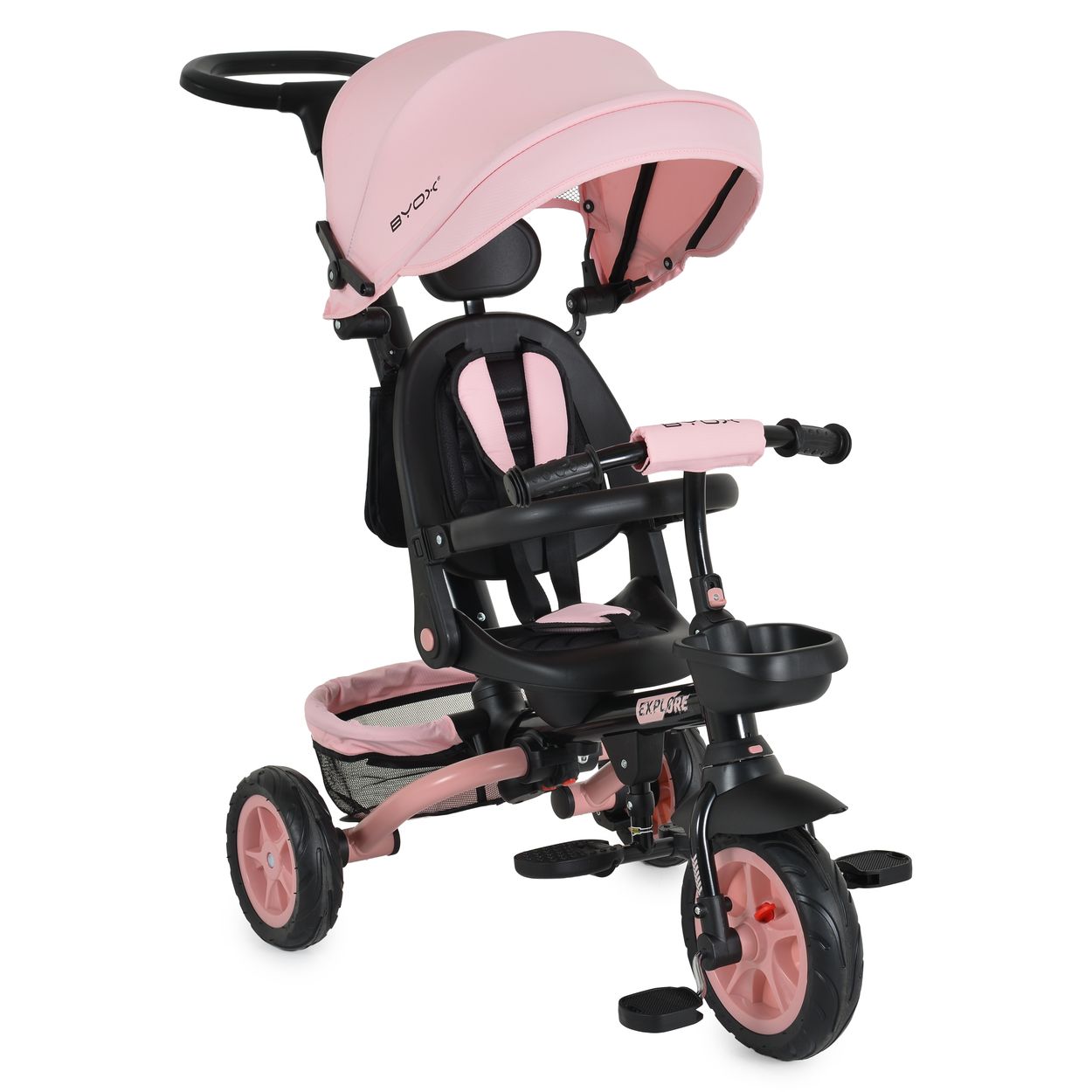Byox Tricycle Explore 3 in 1 Dreirad umkehrbarer Sitz Schiebegriff K&ouml;rbe Pedale rosa 