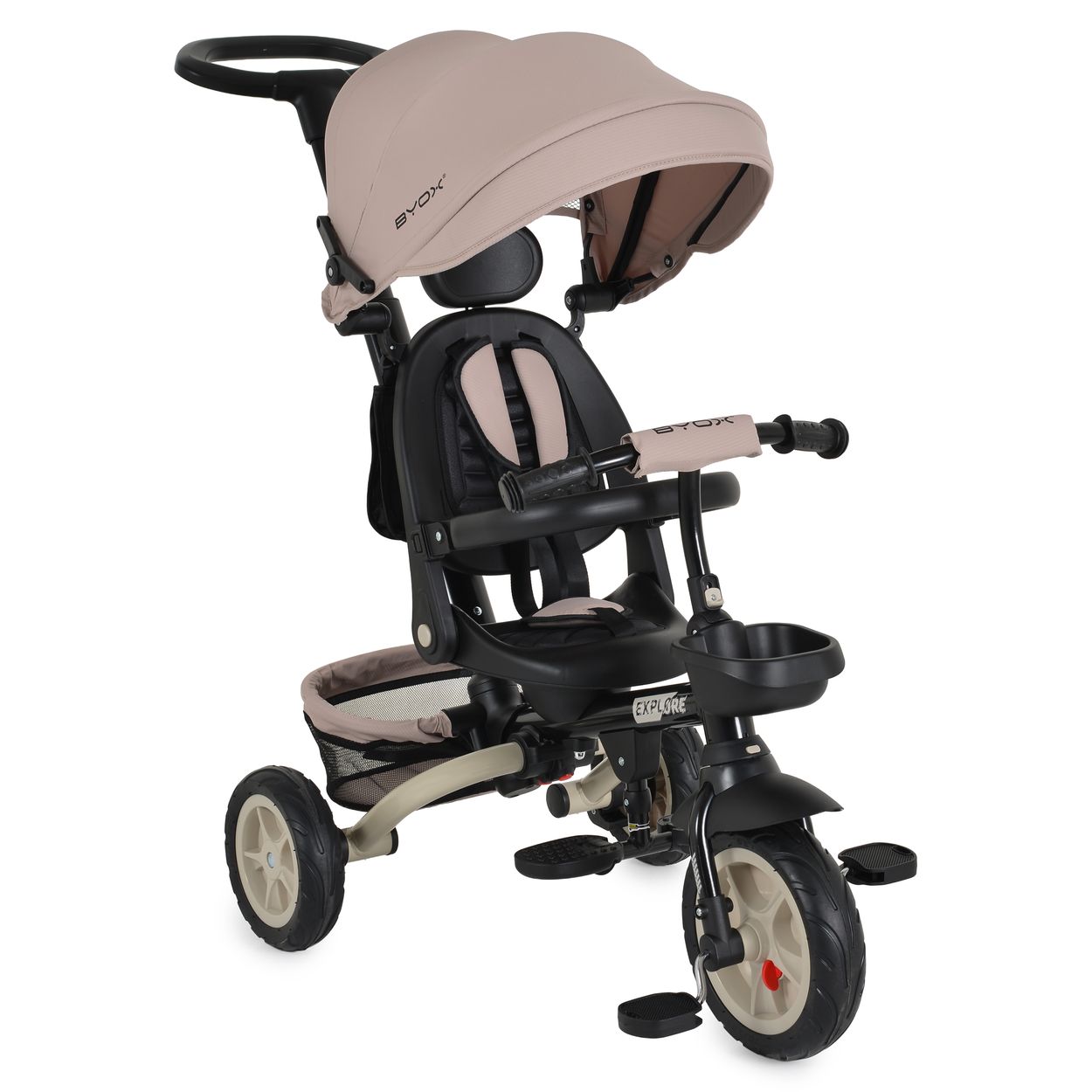 Byox Tricycle Explore 3 in 1 Dreirad umkehrbarer Sitz Schiebegriff K&ouml;rbe Pedale braun 