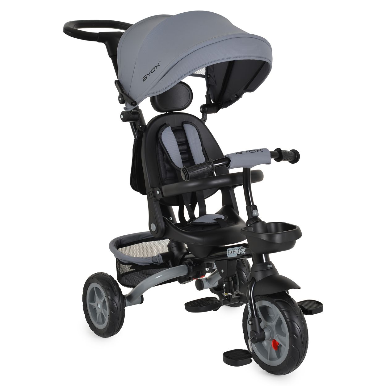 Byox Tricycle Explore 3 in 1 Dreirad umkehrbarer Sitz Schiebegriff K&ouml;rbe Pedale dunkelgrau 