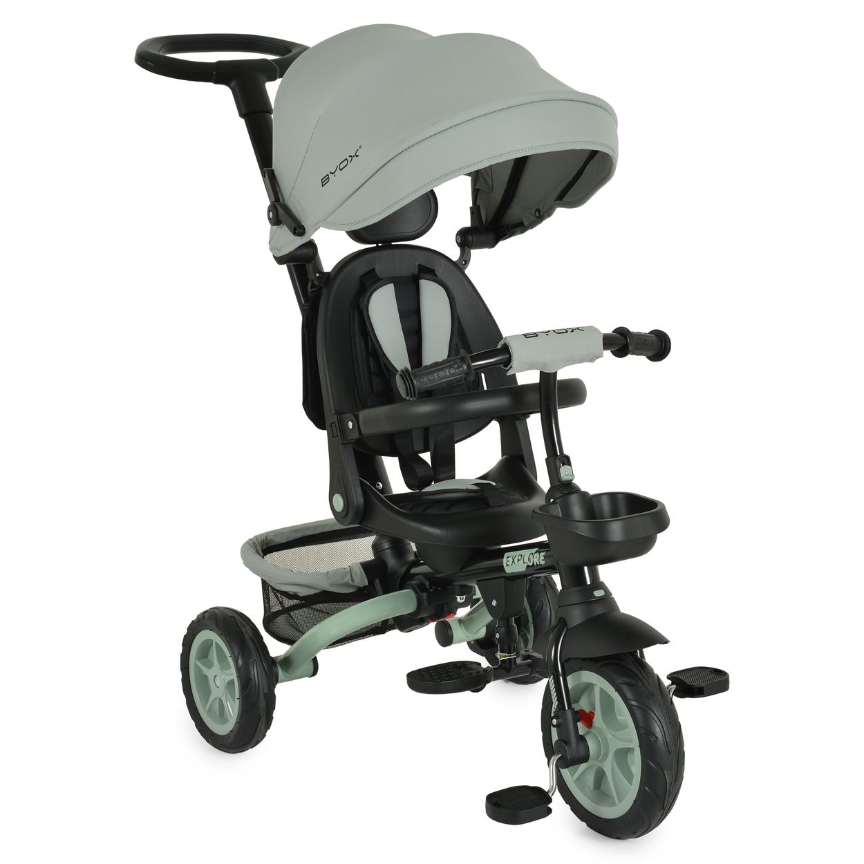 Byox Tricycle Explore 3 in 1 Dreirad umkehrbarer Sitz Schiebegriff K&ouml;rbe Pedale hellgr&uuml;n 