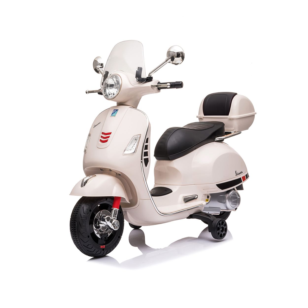 Chipolino Kindermotorrad Vespa GTS Super Heckstaufach Musik MP3 Licht 2-3 km/h wei&szlig; 