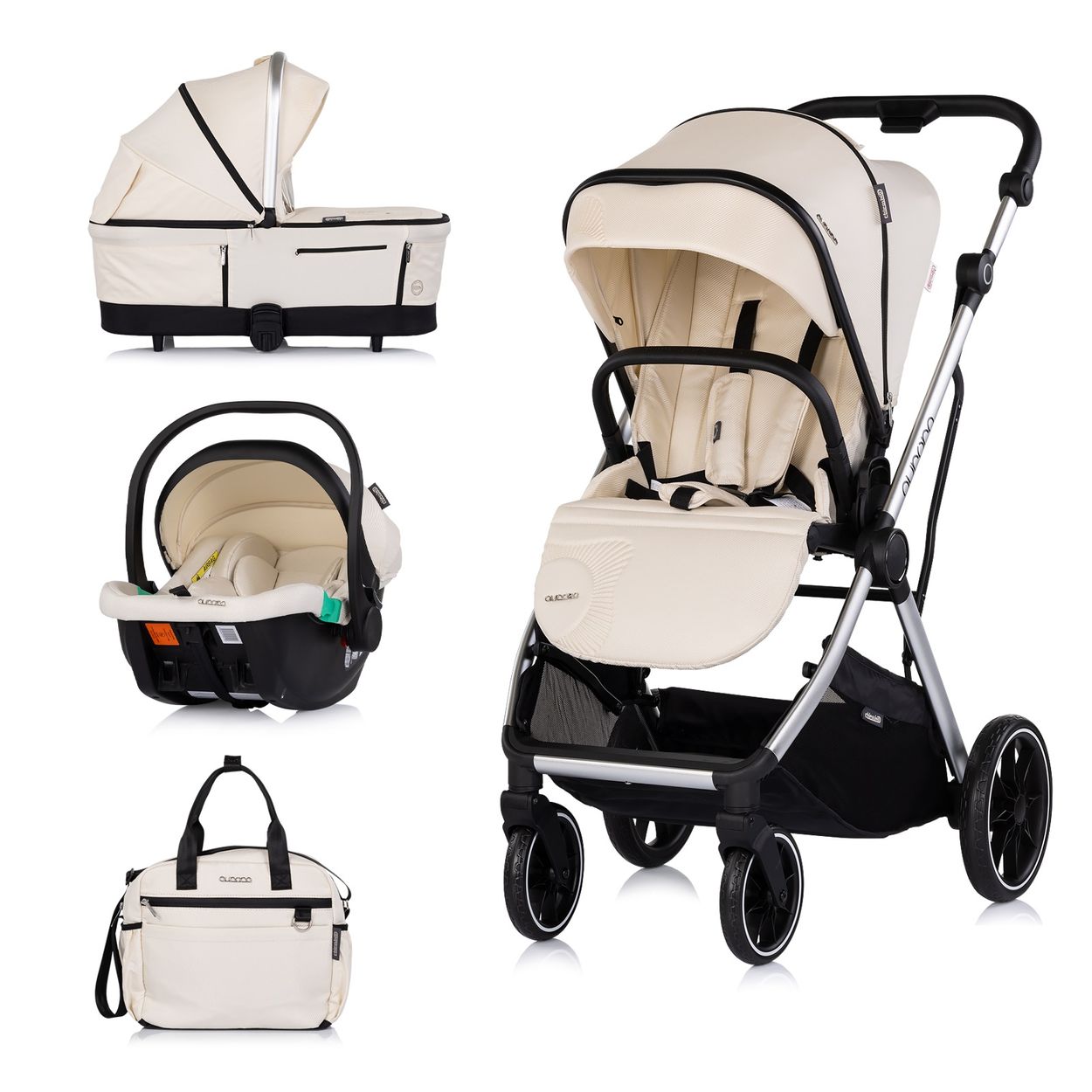 Chipolino Kombikinderwagen Aurora 3 in 1 Babyschale Babywanne Sportsitz Tasche beige 