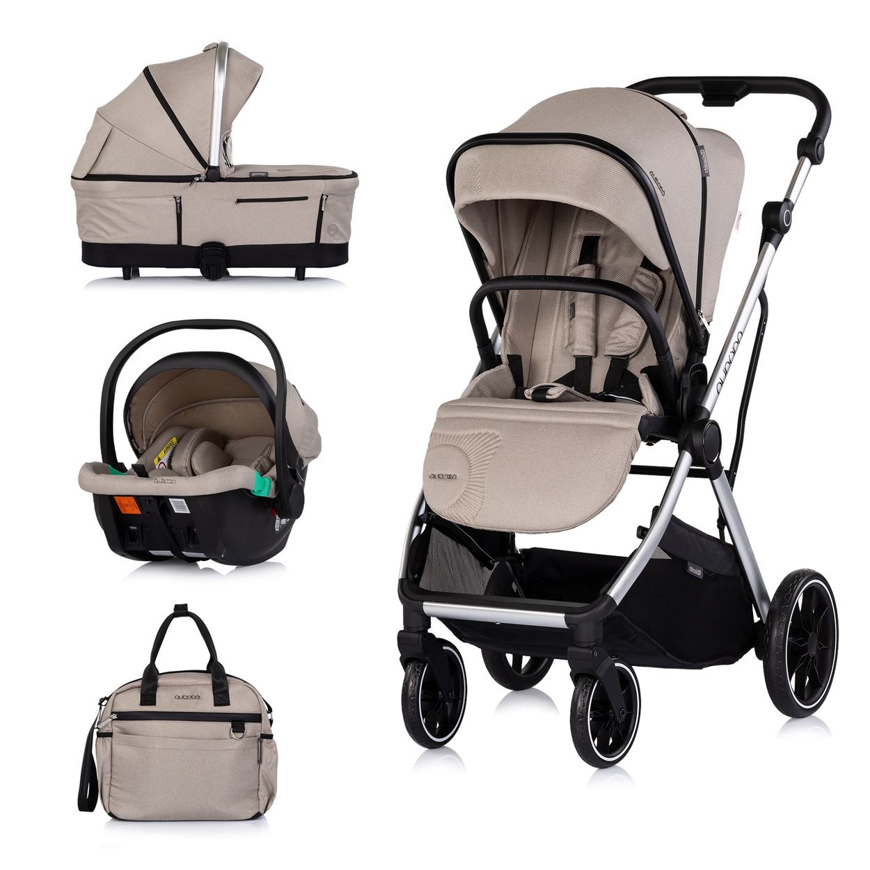 Chipolino Kombikinderwagen Aurora 3 in 1 Babyschale Babywanne Sportsitz Tasche hellbraun 