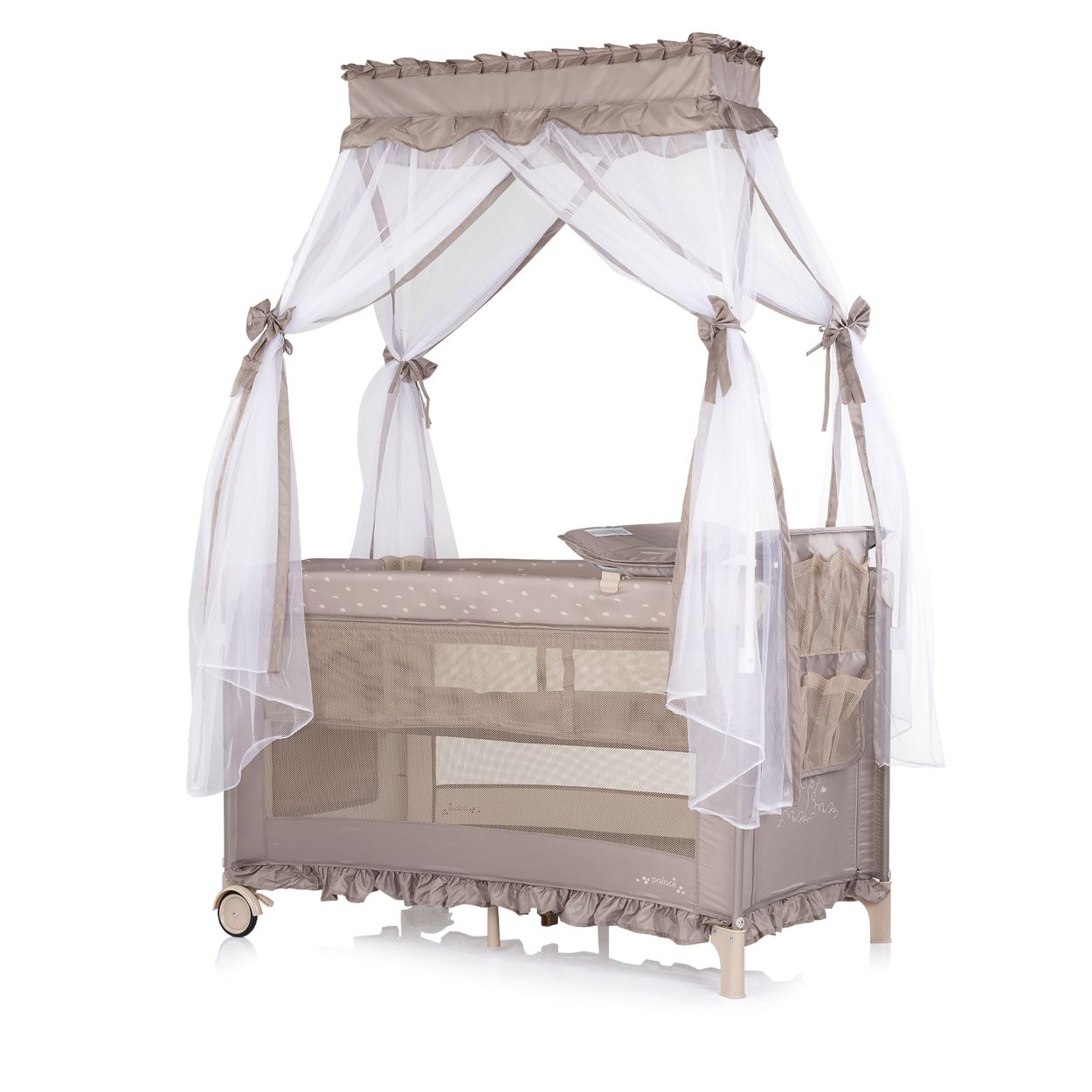 Chipolino Reisebett Palace, Baldachin Moskitonetz zwei Ebenen Wickelauflage beige grau 