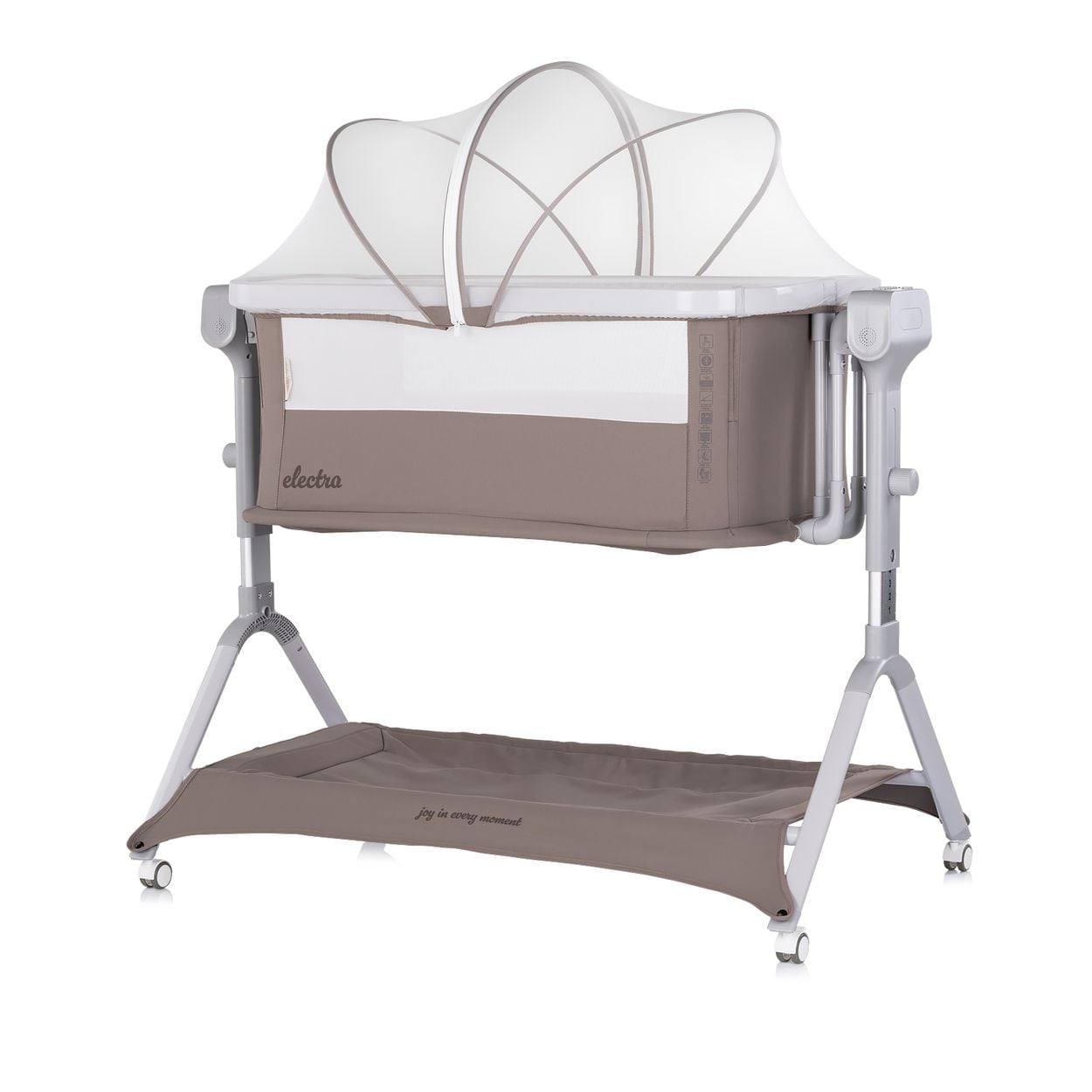 Chipolino Beistellbett Electra Schaukelfunktion Musik Korb Moskitonetz Matratze hellbraun 