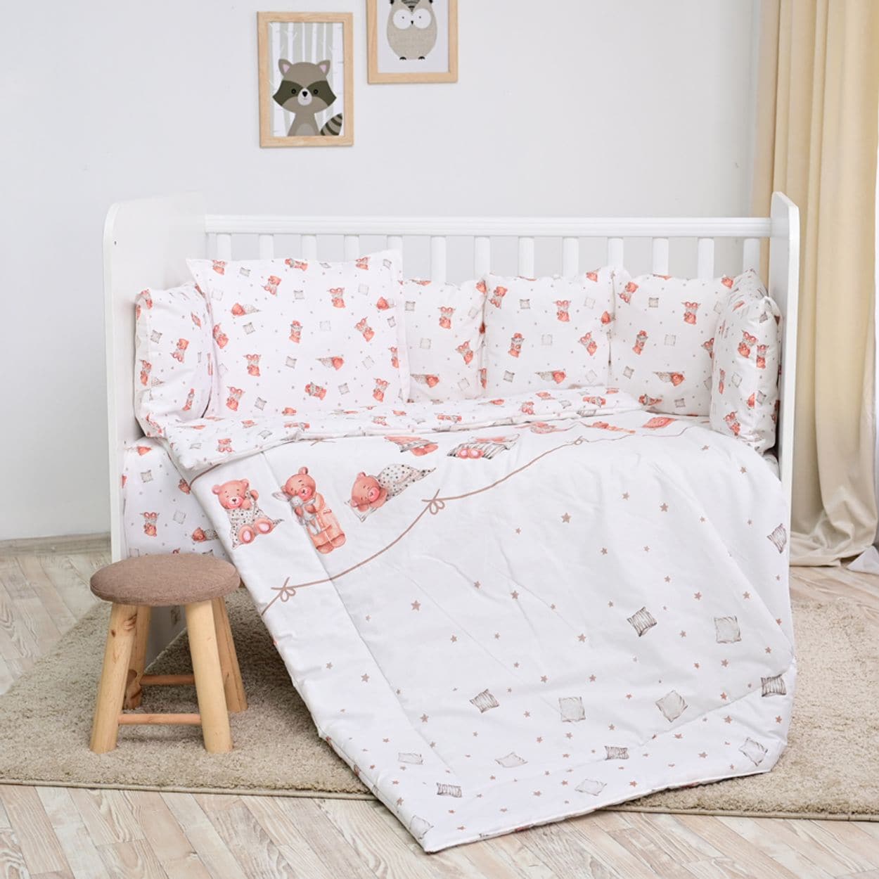 Lorelli Babybettw&auml;sche-Set 5-tlg. Decke 140 x 95 cm Kissen 43 x 35 cm Nestchen beige/b&auml;r 