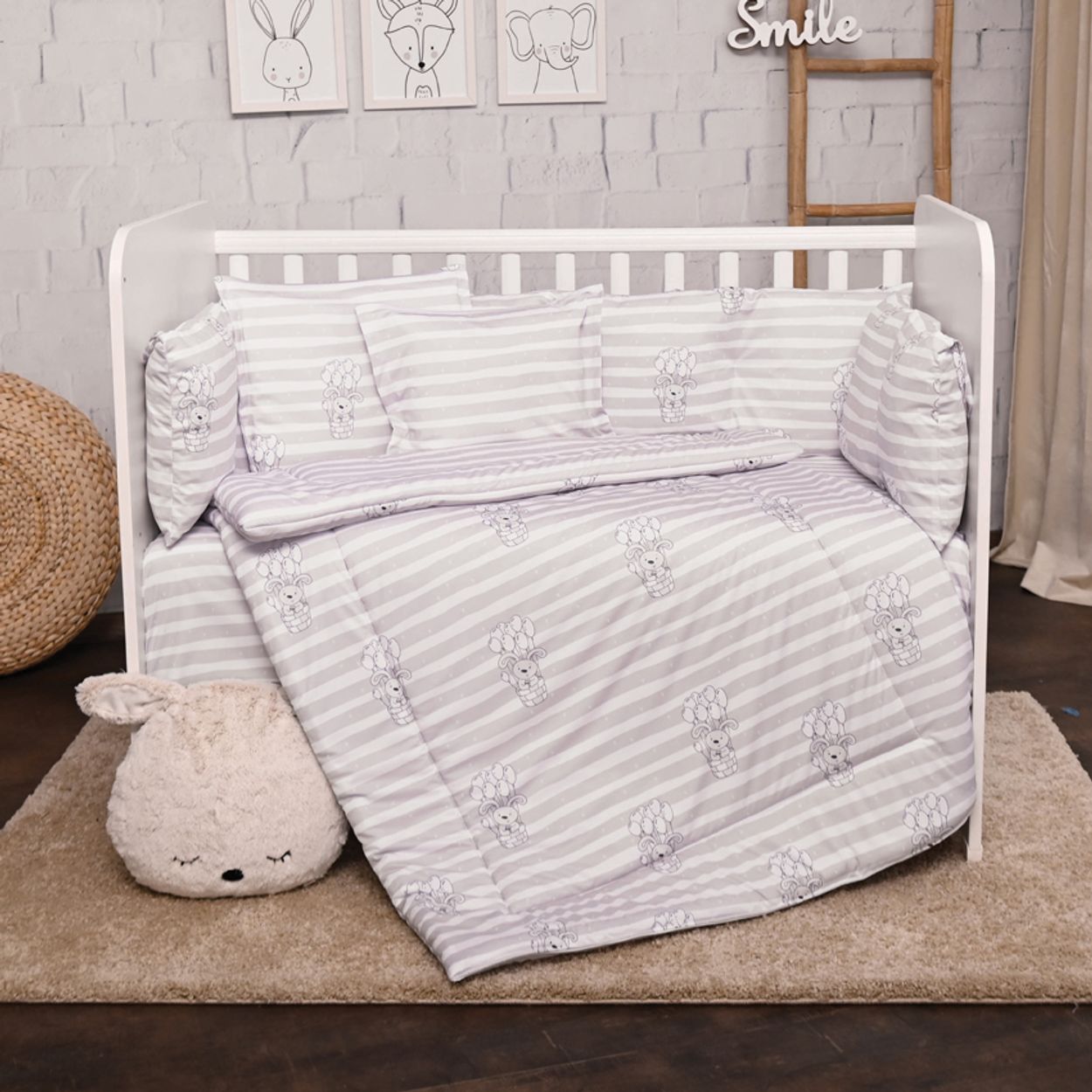 Lorelli Babybettw&auml;sche-Set 5-tlg. Decke 140 x 95 cm Kissen 43 x 35 cm Nestchen grau gemustert 