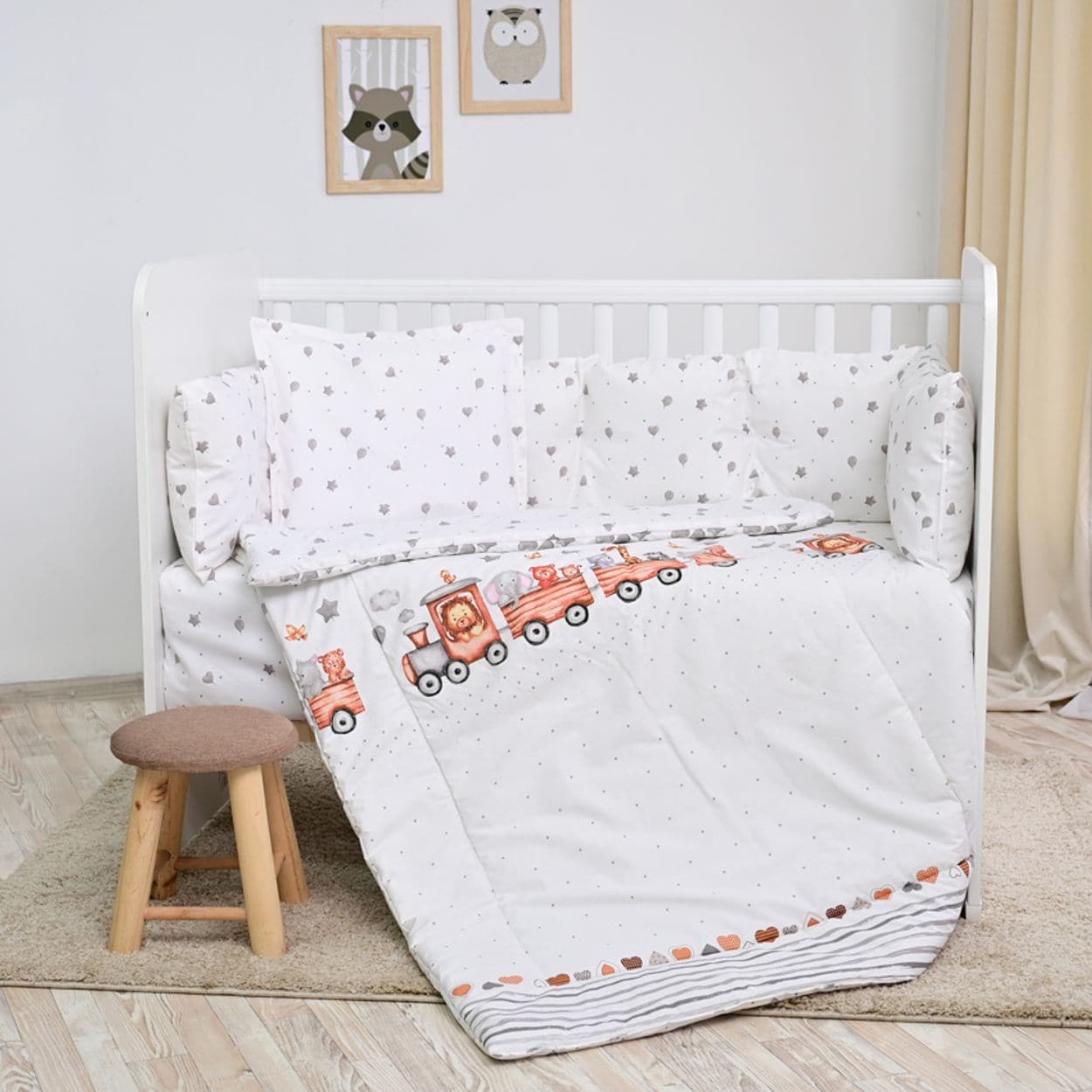 Lorelli Babybettw&auml;sche-Set 5-tlg. Decke 140 x 95 cm Kissen 43 x 35 cm Nestchen wei&szlig; grau 