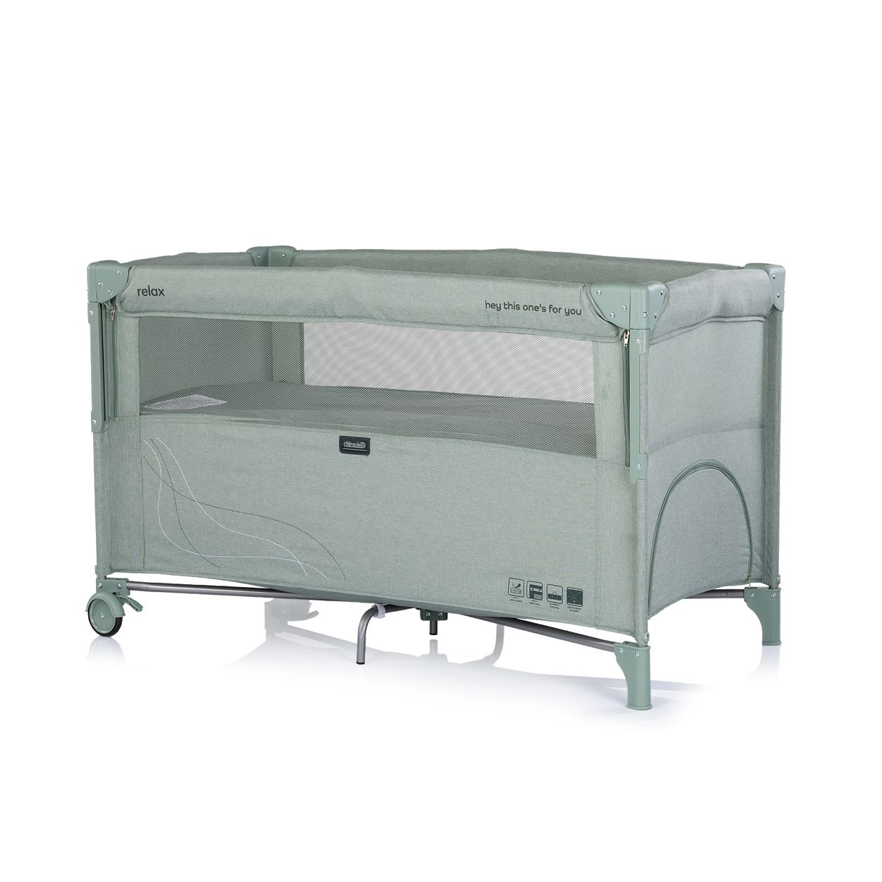 Chipolino Reisebett Relax Leinen 2 Ebenen Tasche, Rei&szlig;verschluss, R&auml;der, faltbar gr&uuml;n grau 