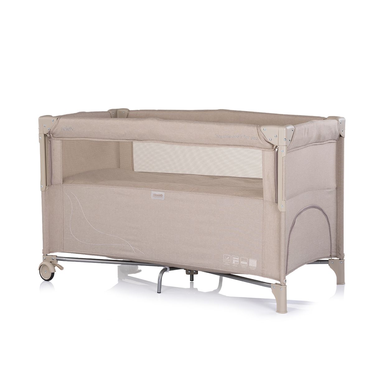 Chipolino Reisebett Relax Leinen 2 Ebenen Tasche, Rei&szlig;verschluss, R&auml;der, faltbar beig beige braun 