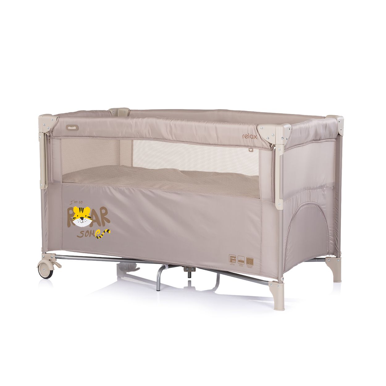 Chipolino Reisebett Relax 2 Ebenen, Vorderseite absenkbar, Seiteneingang, Tasche beige braun 